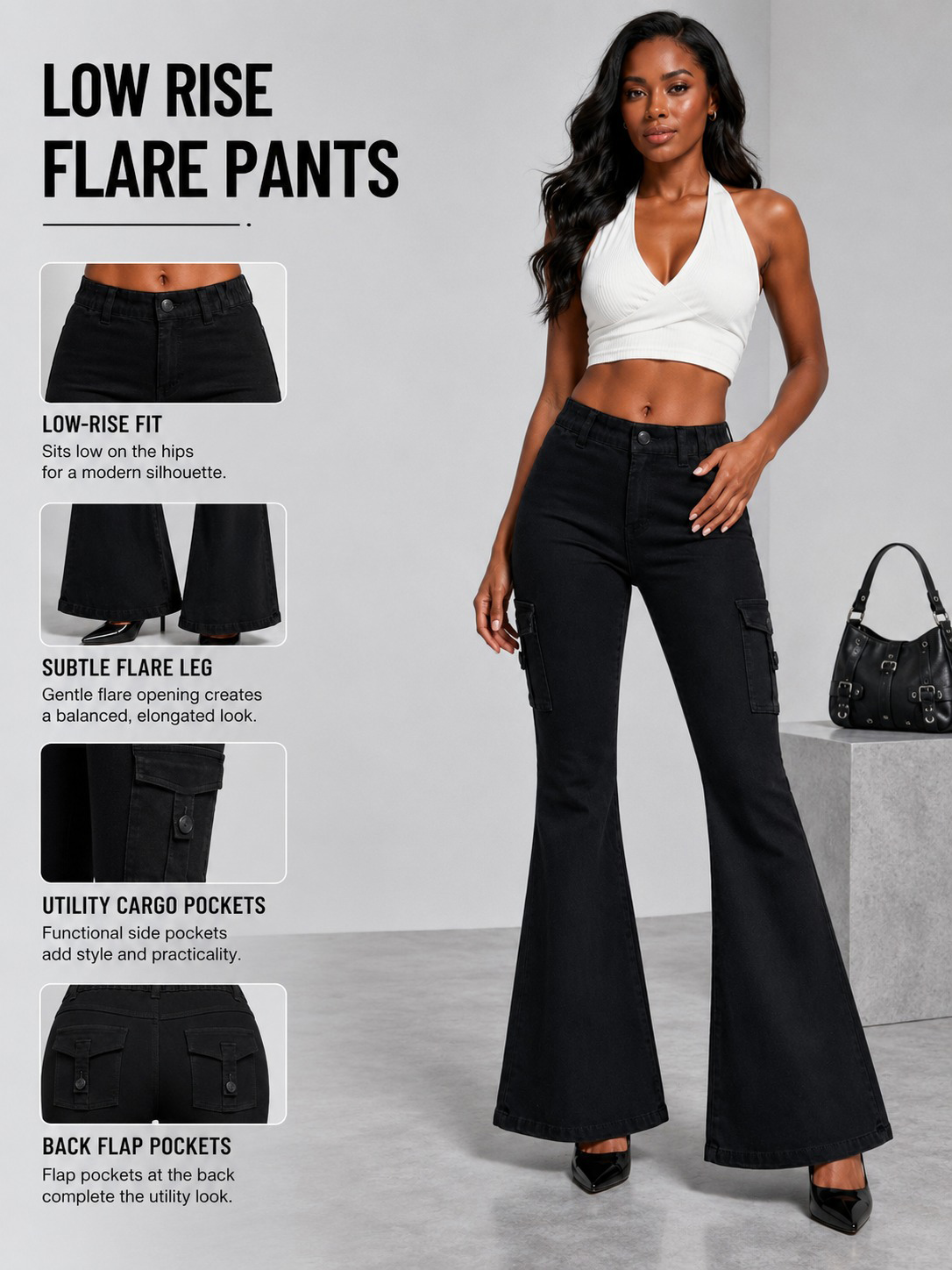Women's Black Stretch Denim Low-Rise Cargo Flare Jeans With Flap Pockets, view 2
