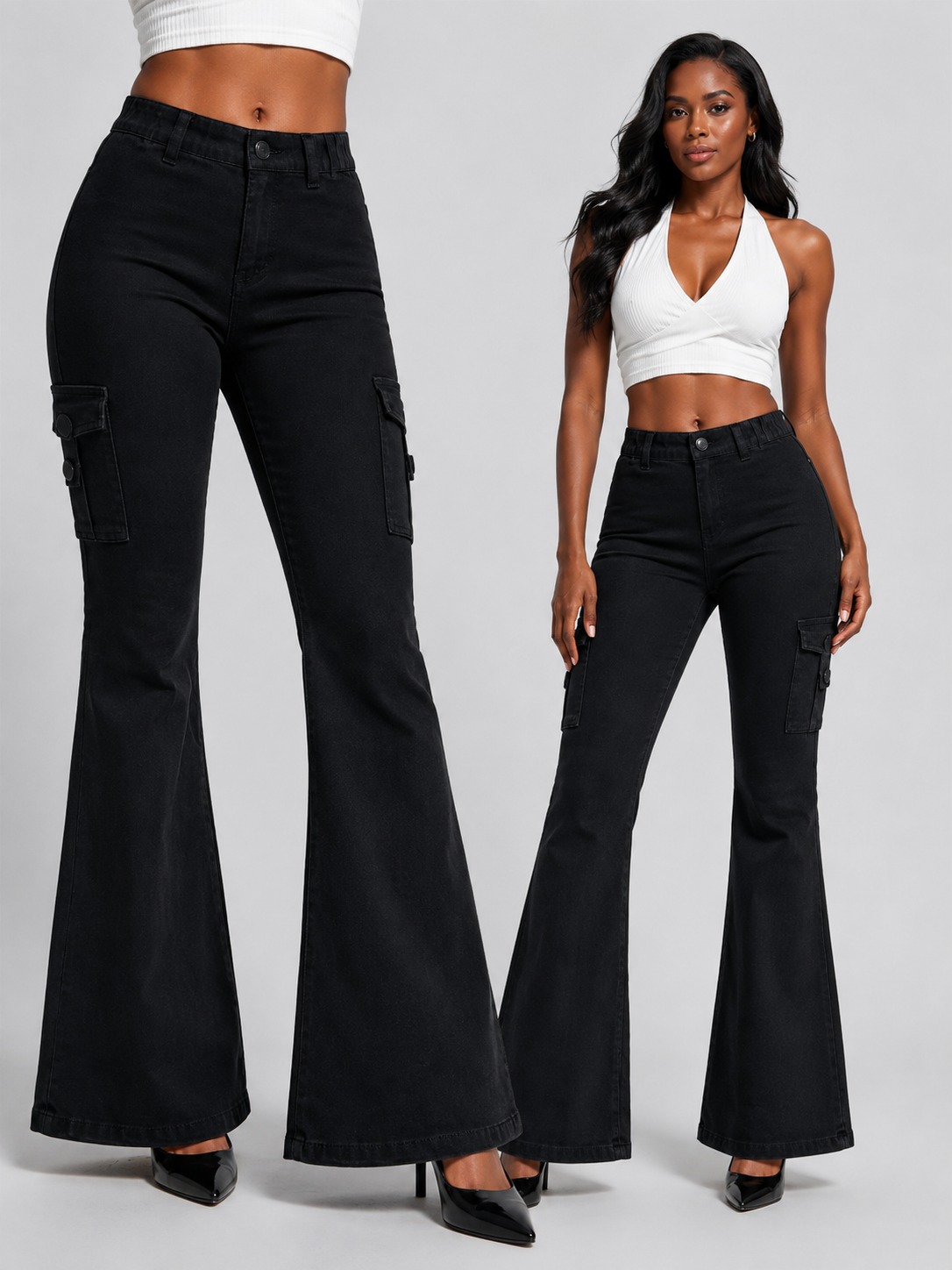 Women's Black Stretch Denim Low-Rise Cargo Flare Jeans With Flap Pockets