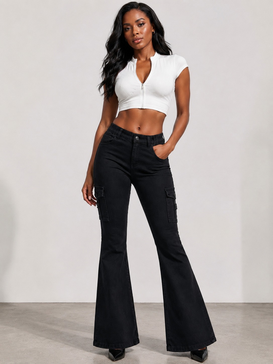 Women's Black Stretch Denim Low-Rise Cargo Flare Jeans With Flap Pockets, view 4