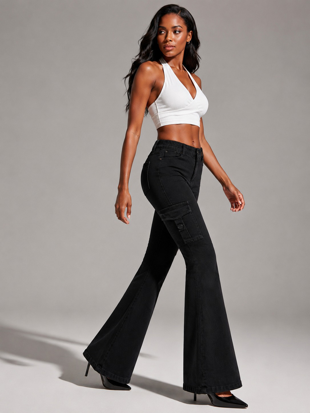 Women's Black Stretch Denim Low-Rise Cargo Flare Jeans With Flap Pockets, view 5