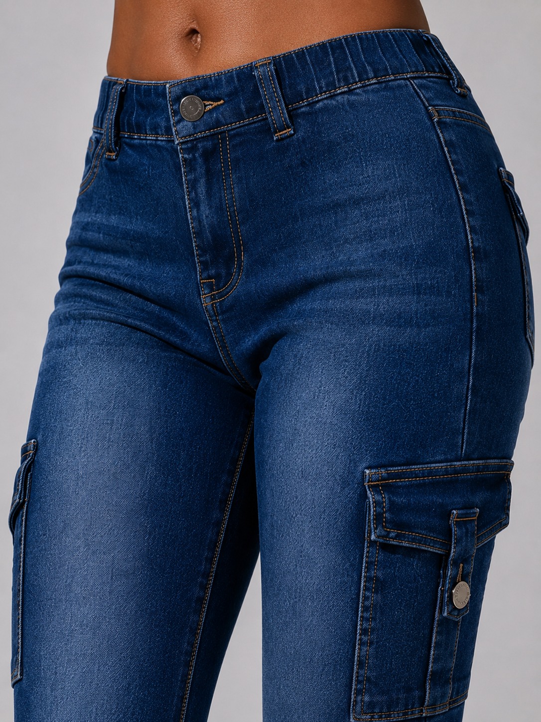 Women's Low-Rise Cargo Flare Jeans — Dark Wash Stretch Denim, Y2K Bell Cut, view 2