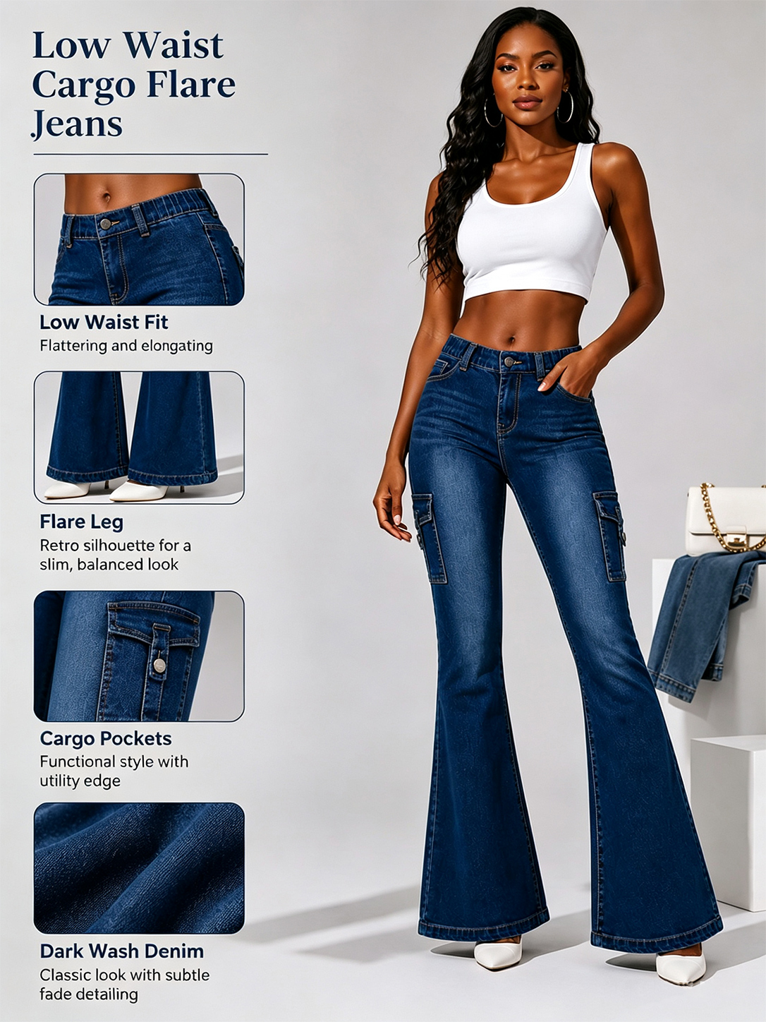 Women's Low-Rise Cargo Flare Jeans — Dark Wash Stretch Denim, Y2K Bell Cut, view 4