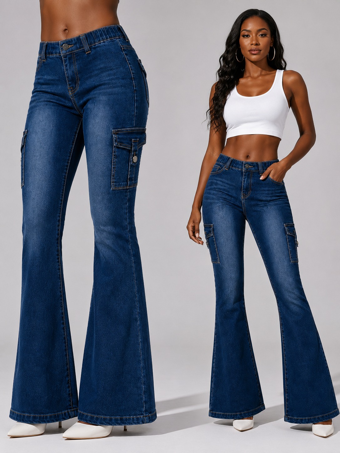 Women's Low-Rise Cargo Flare Jeans — Dark Wash Stretch Denim, Y2K Bell Cut