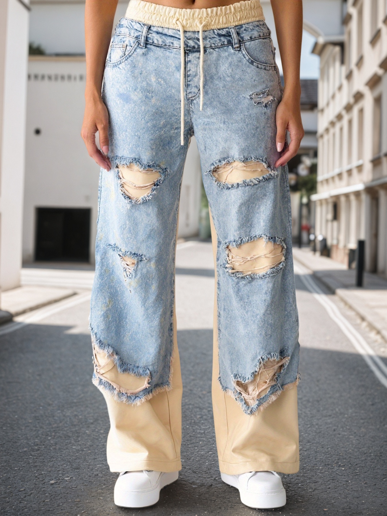 Women's Double-Layer Ripped Wide-Leg Jeans — Acid Wash With Cream Underlayer, view 2