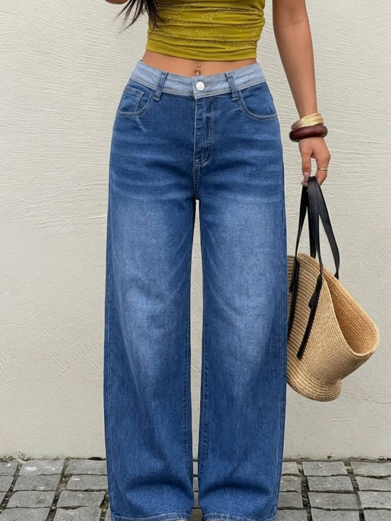 Women's Two-Tone Waistband Wide Leg Jeans — High Rise Medium Blue Denim