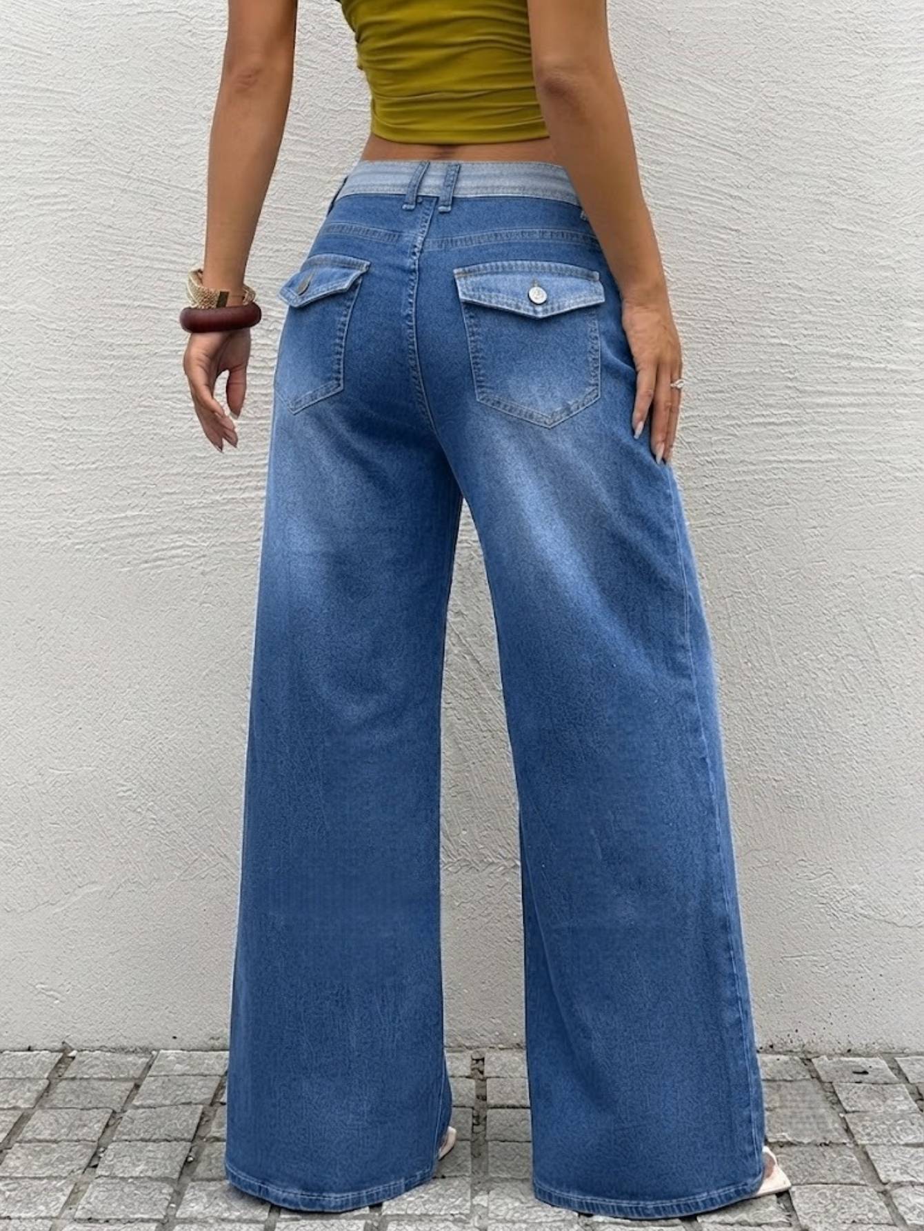 Women's Two-Tone Waistband Wide Leg Jeans — High Rise Medium Blue Denim, view 3