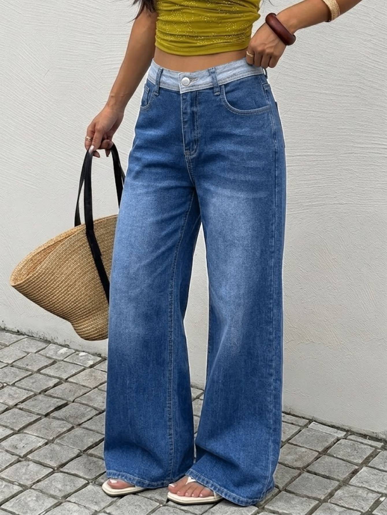Women's Two-Tone Waistband Wide Leg Jeans — High Rise Medium Blue Denim, view 4