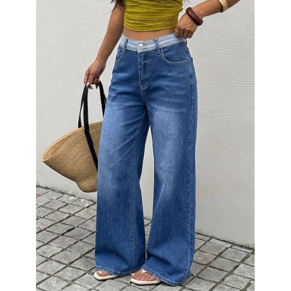 Women's Two-Tone Waistband Wide Leg Jeans — High Rise Medium Blue Denim, view 2