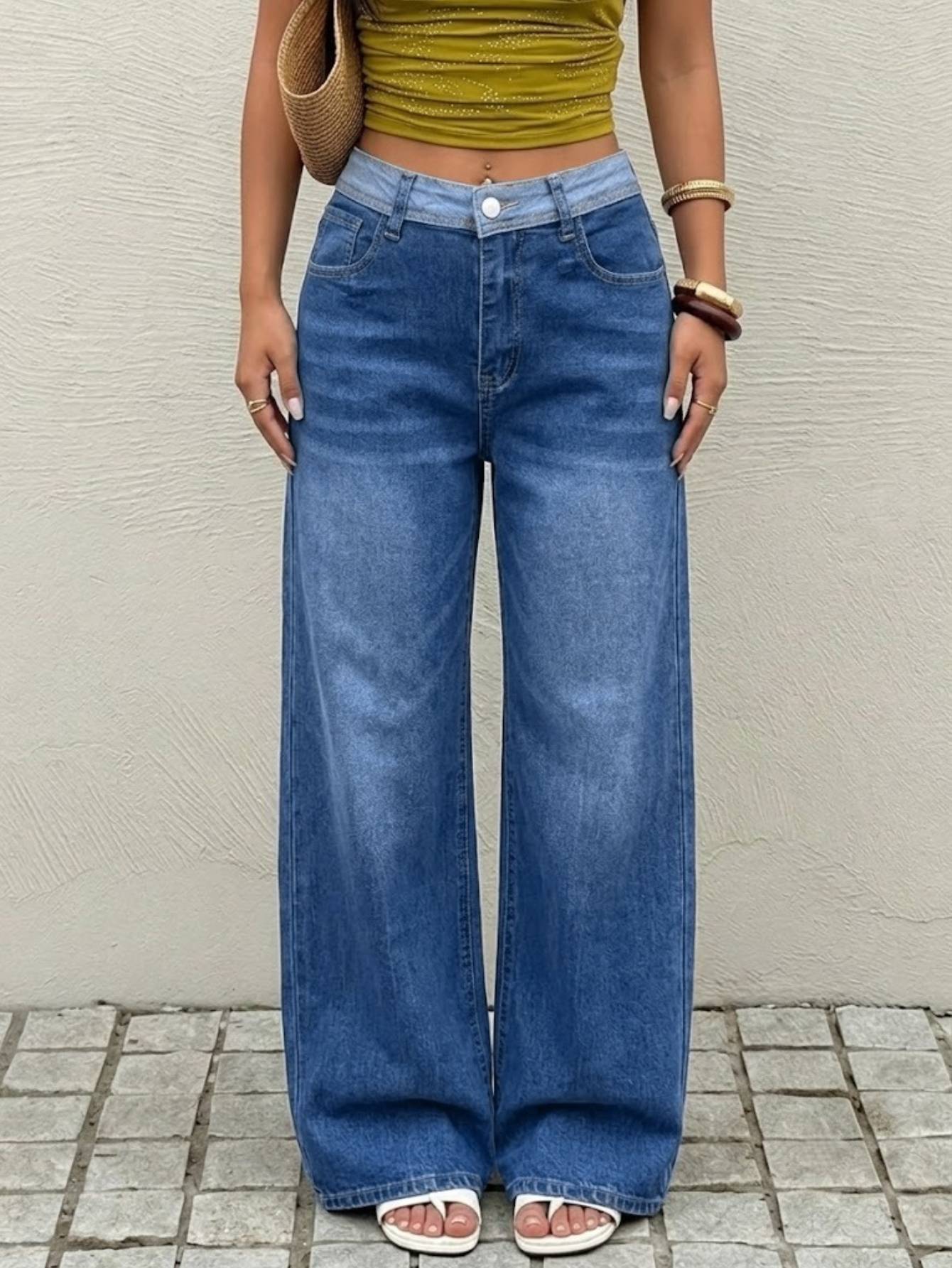 Women's Two-Tone Waistband Wide Leg Jeans — High Rise Medium Blue Denim, view 5