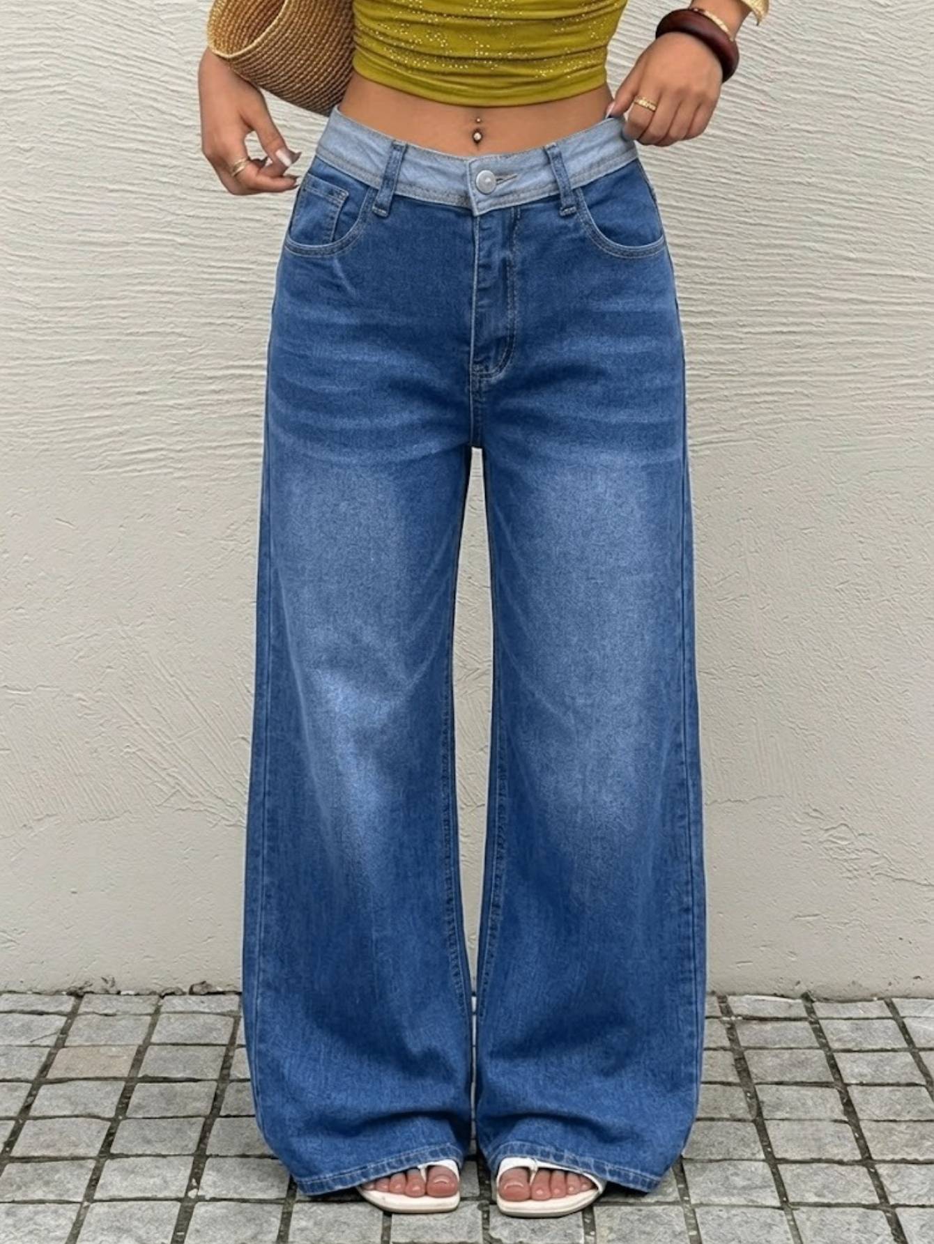 Women's Two-Tone Waistband Wide Leg Jeans — High Rise Medium Blue Denim, view 6