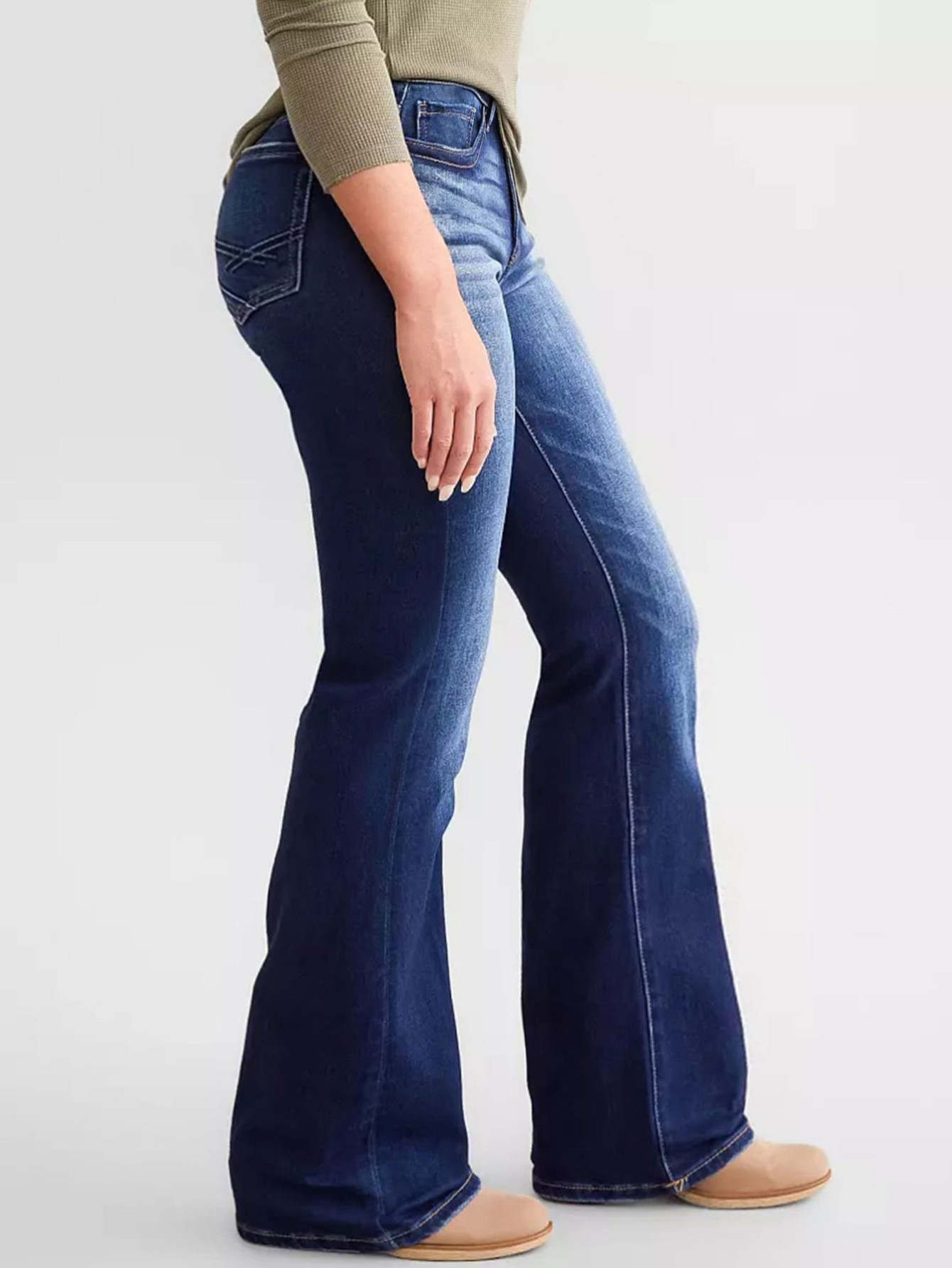 Women's Mid-Rise Flare Jeans — Contrast Shadow Wash Stretch Denim - S-XXL, view 2