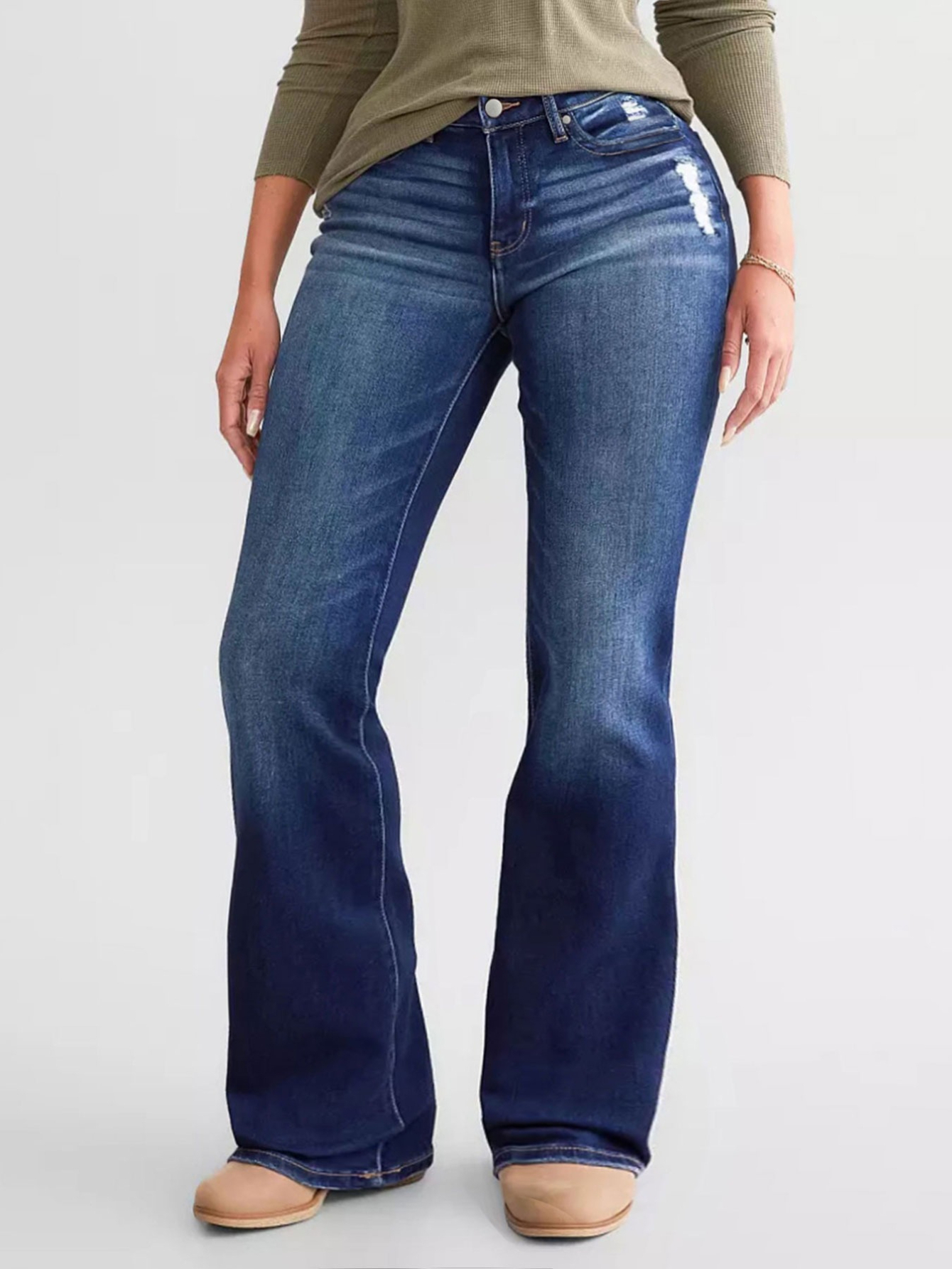 Women's Mid-Rise Flare Jeans — Contrast Shadow Wash Stretch Denim - S-XXL, view 6