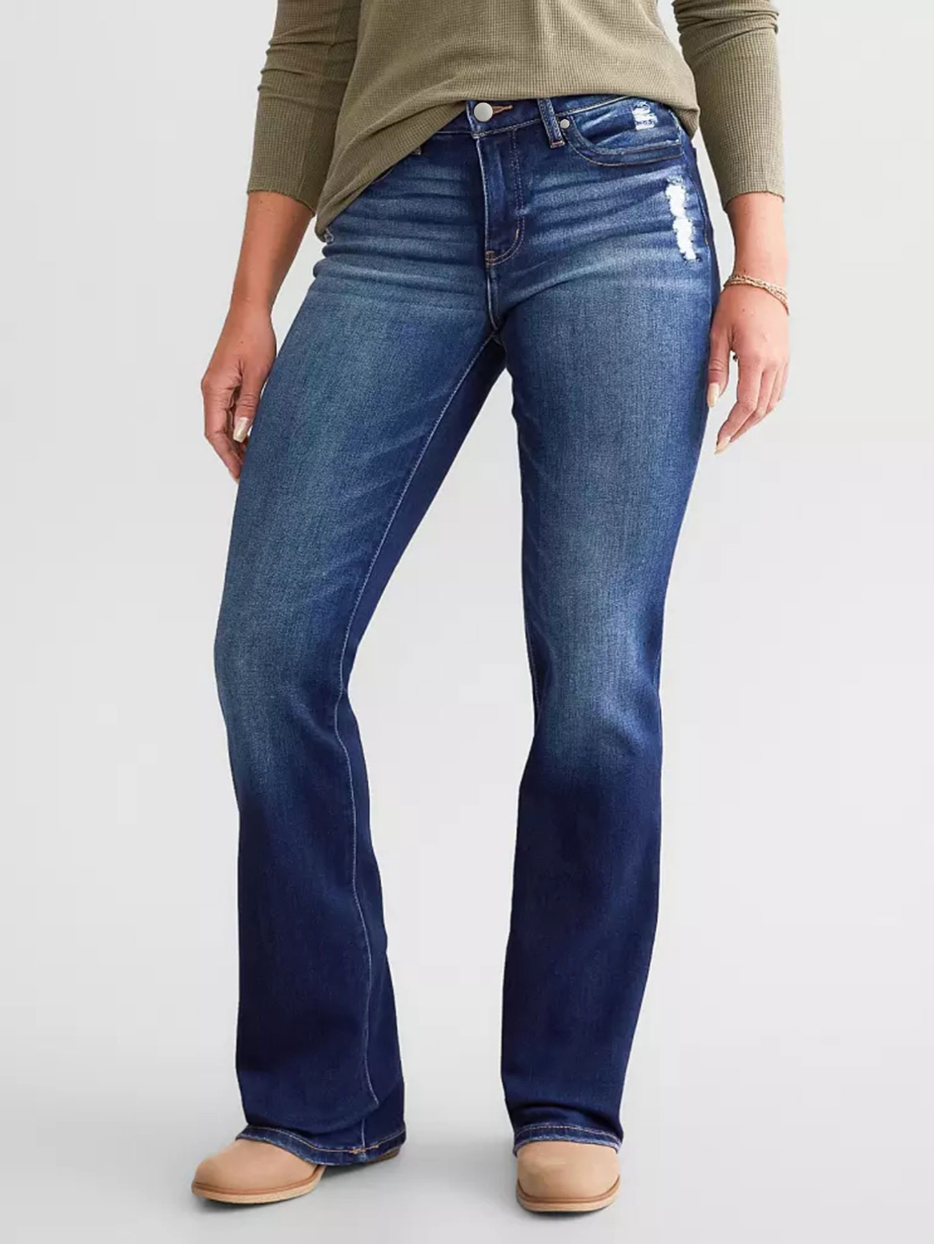 Women's Mid-Rise Flare Jeans — Contrast Shadow Wash Stretch Denim - S-XXL, view 5