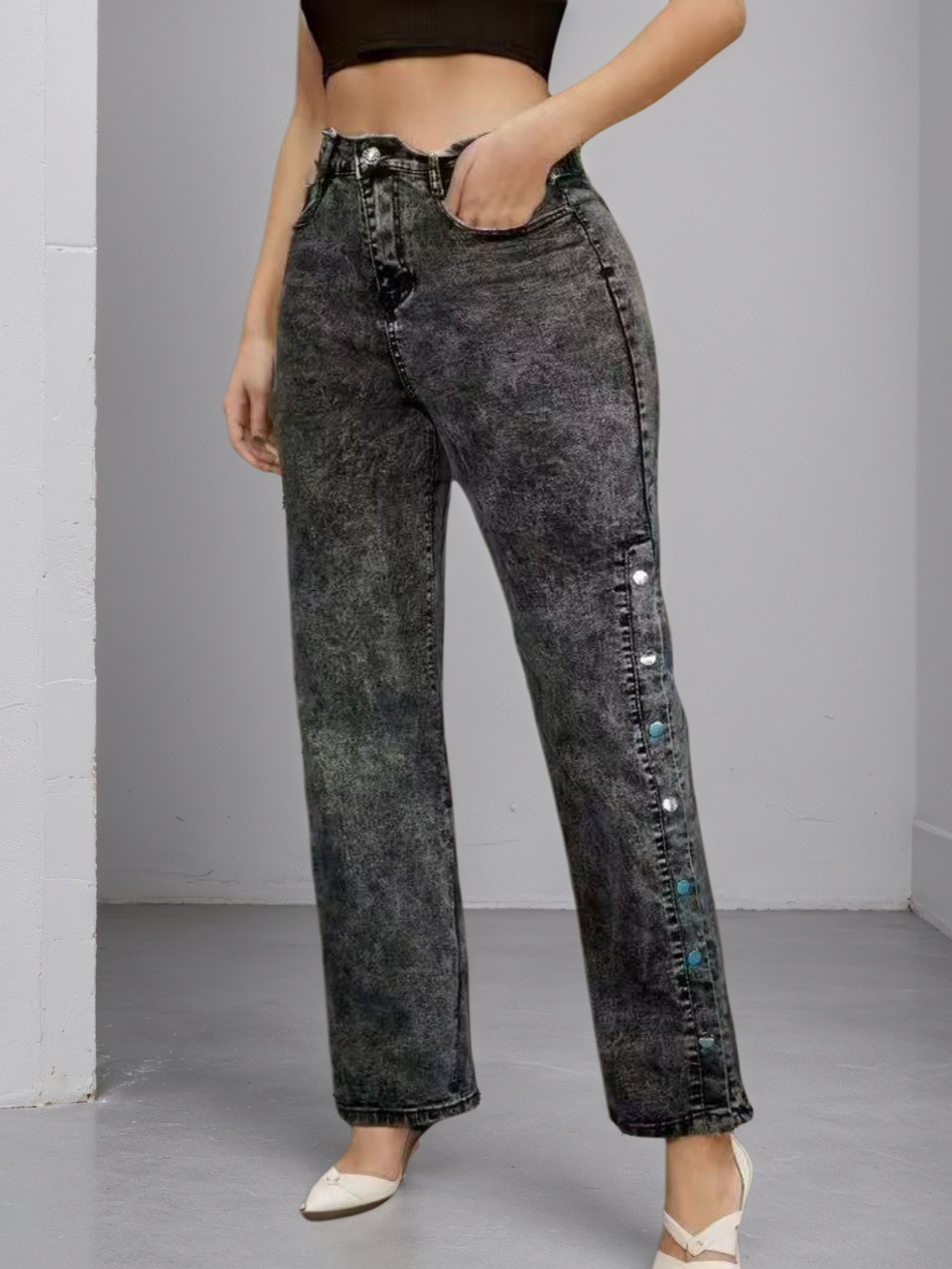 Women's Snap-Button Side Seam Flare Jeans, High Waist Acid Wash Denim - S-XXL, view 3