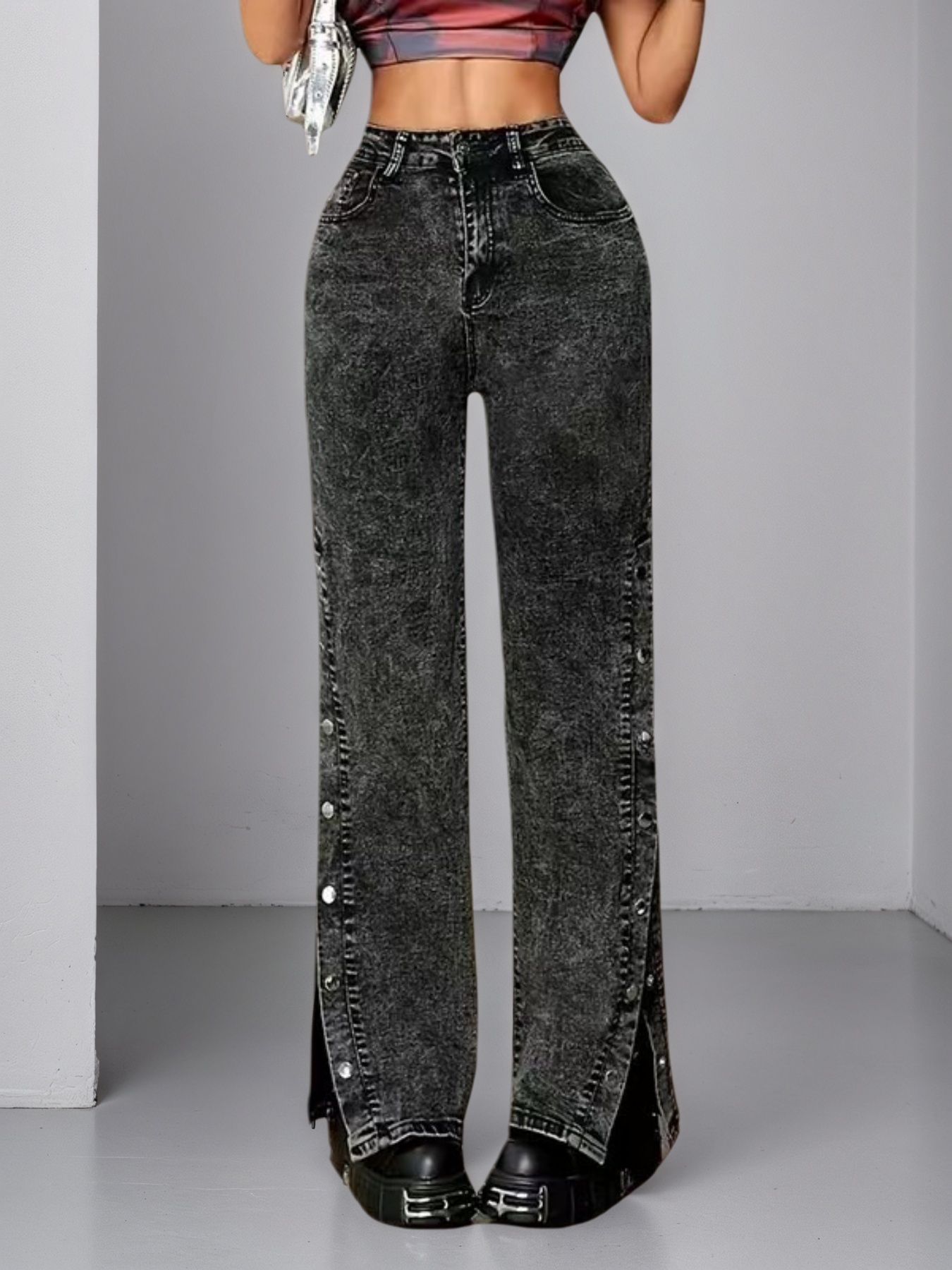 Women's Snap-Button Side Seam Flare Jeans, High Waist Acid Wash Denim - S-XXL, view 4