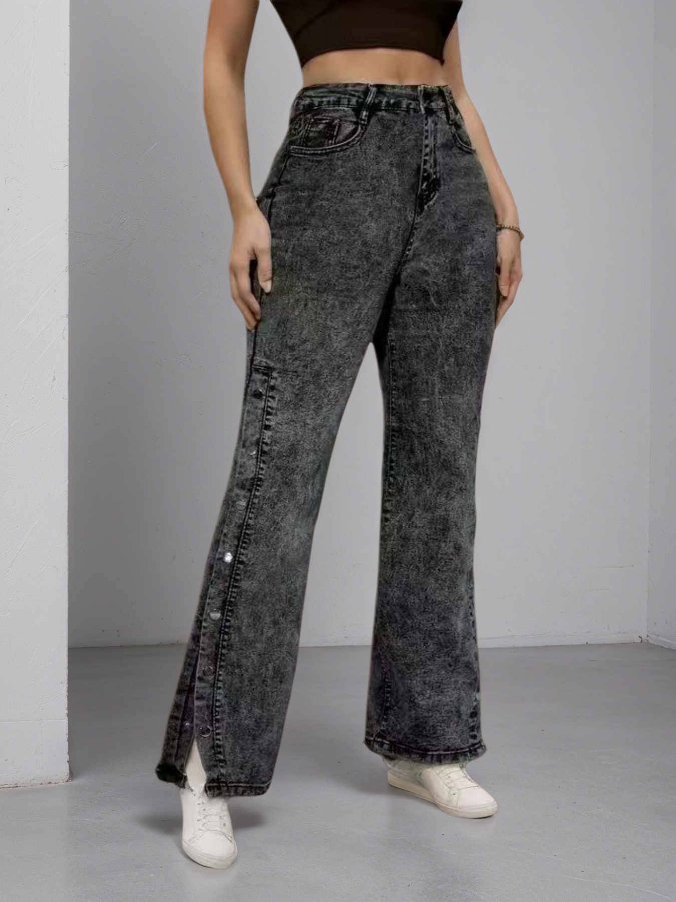 Women's Snap-Button Side Seam Flare Jeans, High Waist Acid Wash Denim - S-XXL, view 5