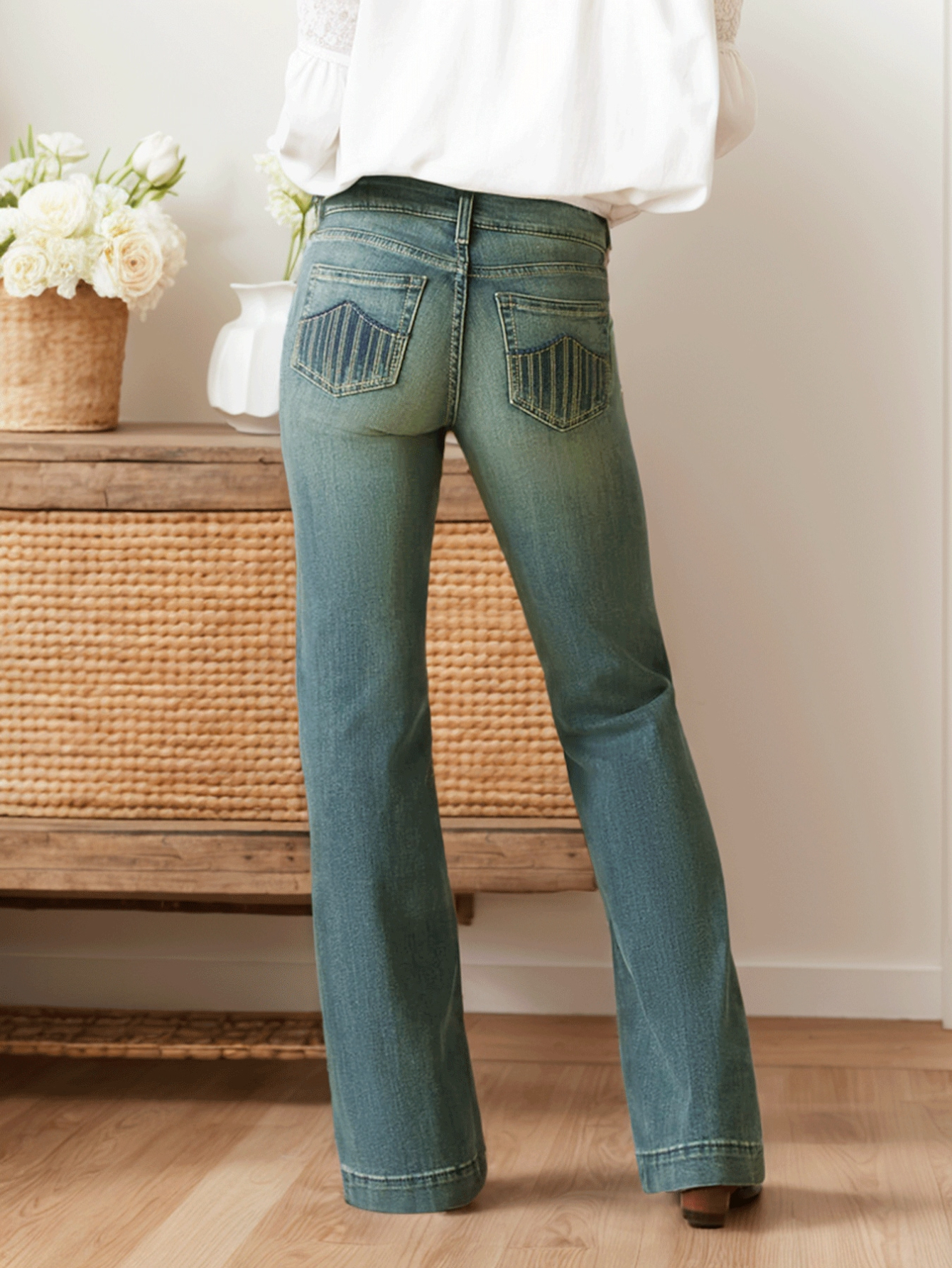Women's Vintage Green-Wash Flare Jeans, Mid-Rise Slim Bootcut Denim, view 2