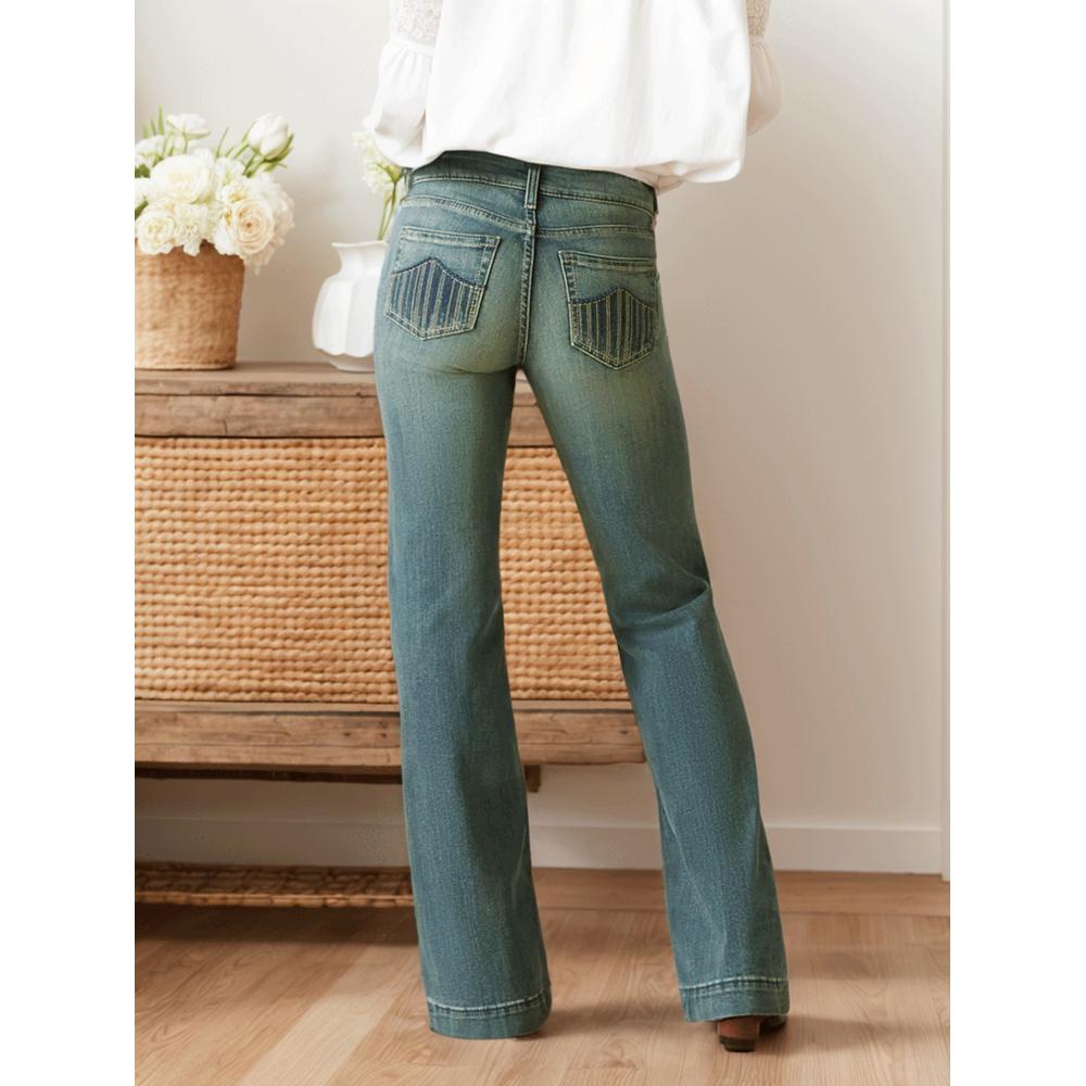 Women's Vintage Green-Wash Flare Jeans, Mid-Rise Slim Bootcut Denim, view 4