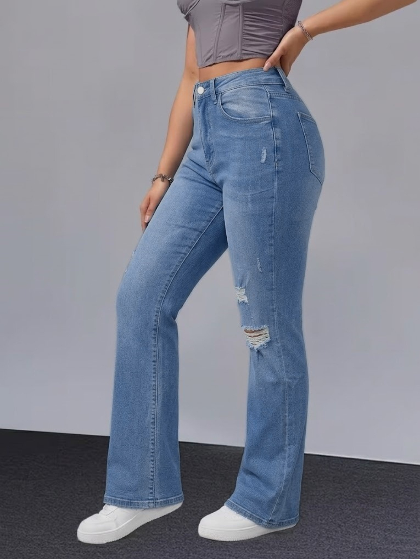Women's High-Waist Ripped Flare Jeans — Stretch Denim, Light Blue Wash - Size L, view 3