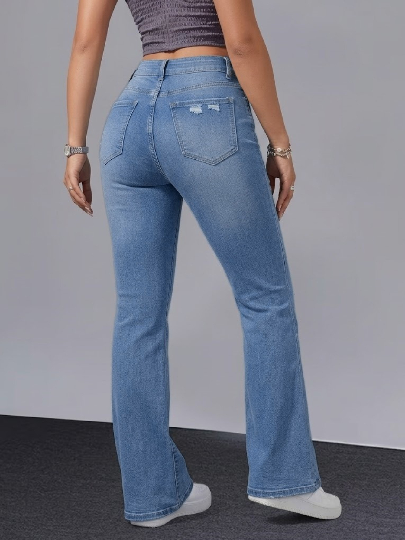 Women's High-Waist Ripped Flare Jeans — Stretch Denim, Light Blue Wash - Size L, view 4
