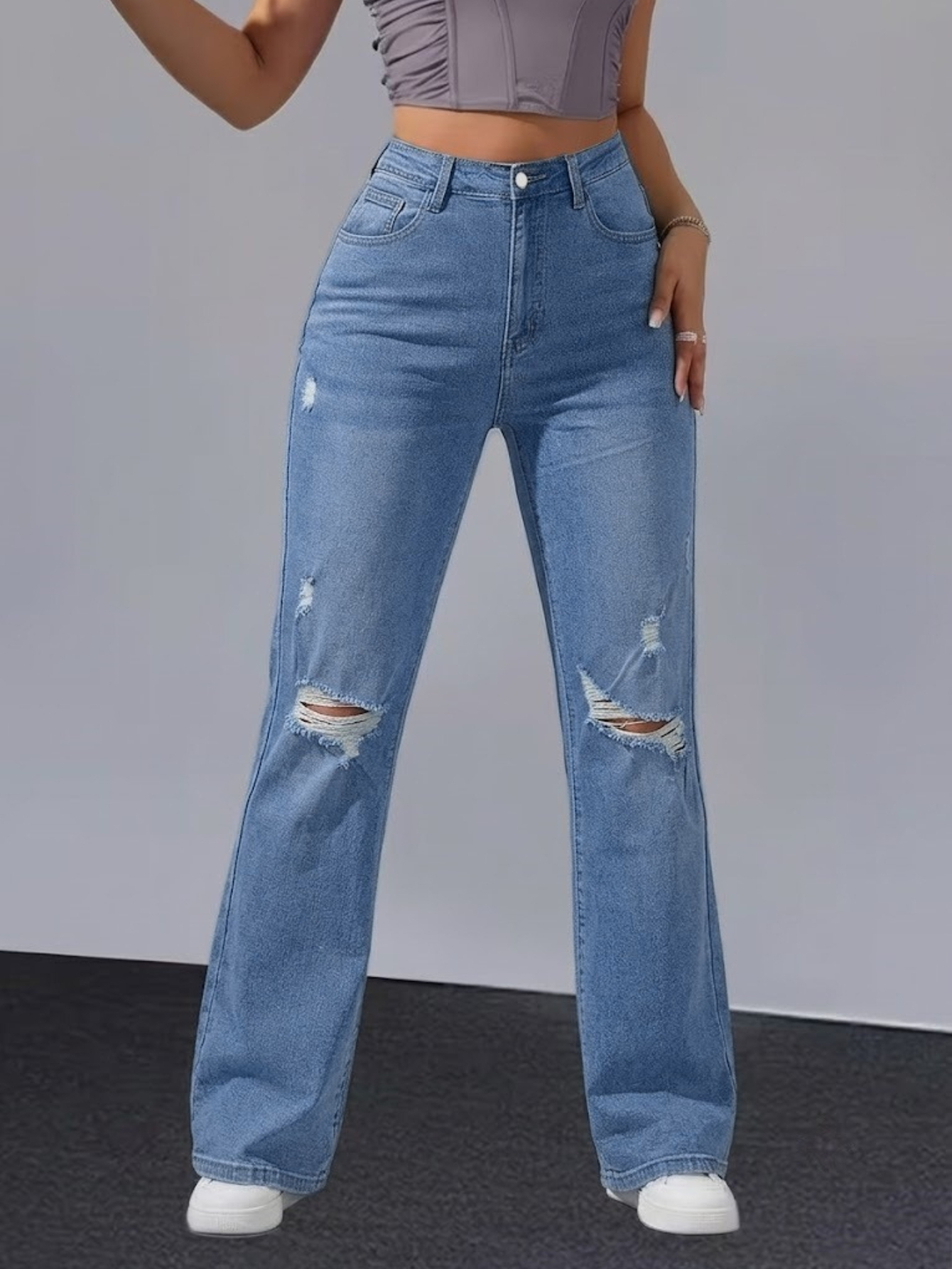 Women's High-Waist Ripped Flare Jeans — Stretch Denim, Light Blue Wash - Size L, view 5