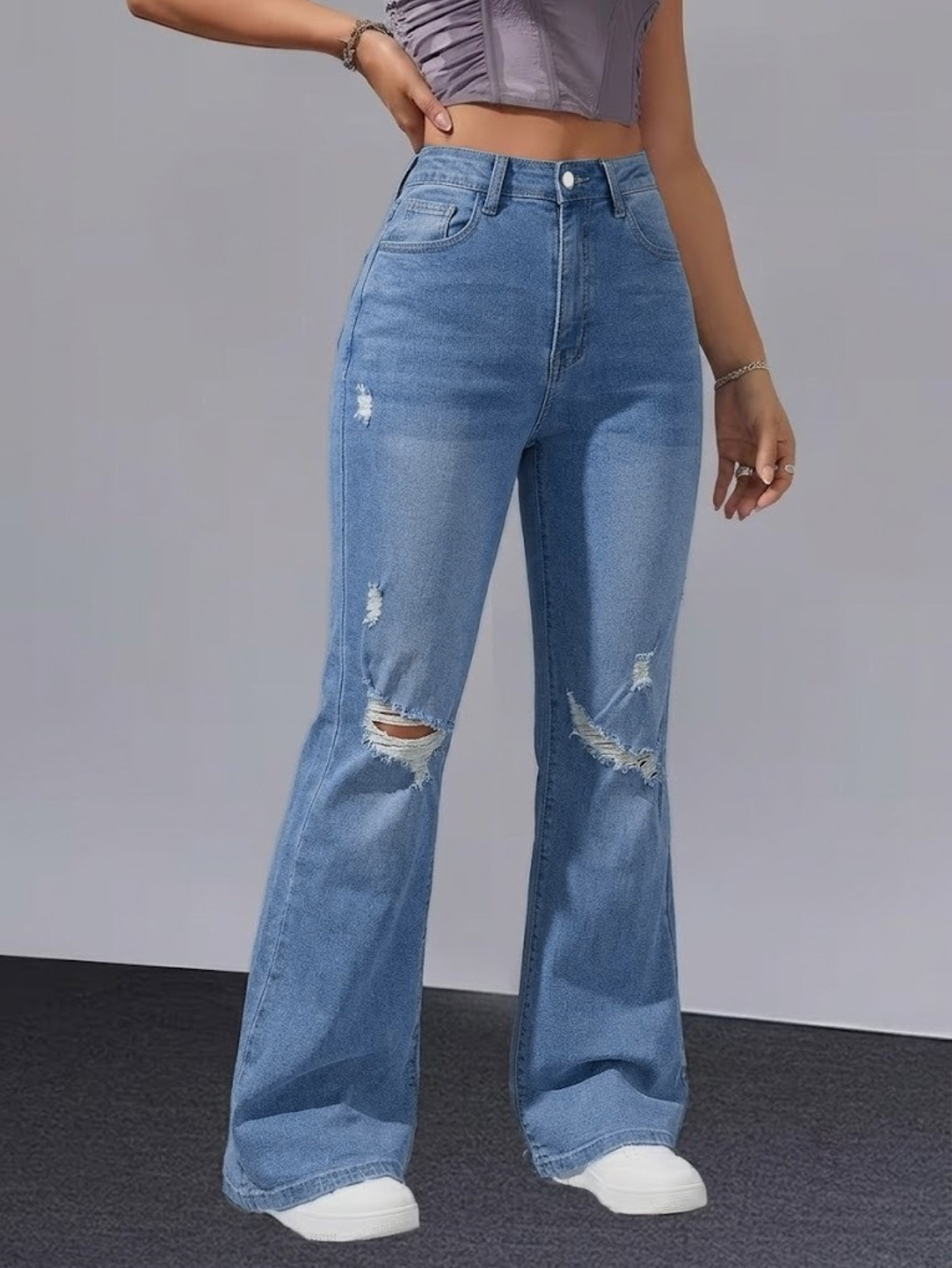 Women's High-Waist Ripped Flare Jeans — Stretch Denim, Light Blue Wash - Size L, view 2