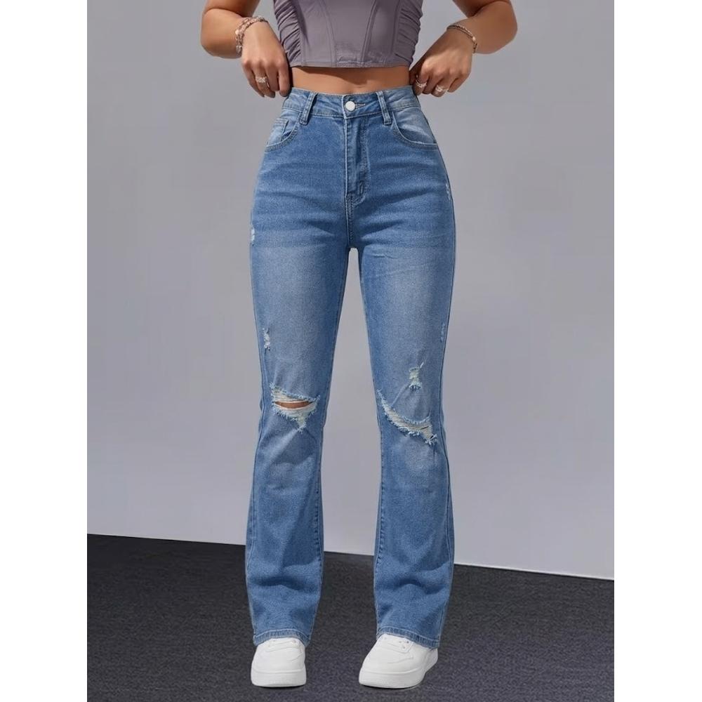 Women's High-Waist Ripped Flare Jeans — Stretch Denim, Light Blue Wash - Size L, view 6