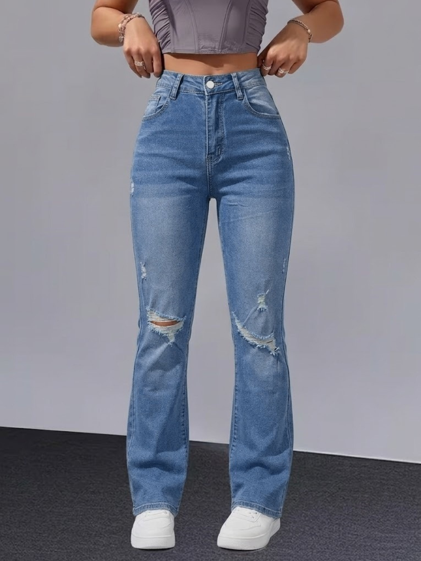 Women's High-Waist Ripped Flare Jeans — Stretch Denim, Light Blue Wash - Size L