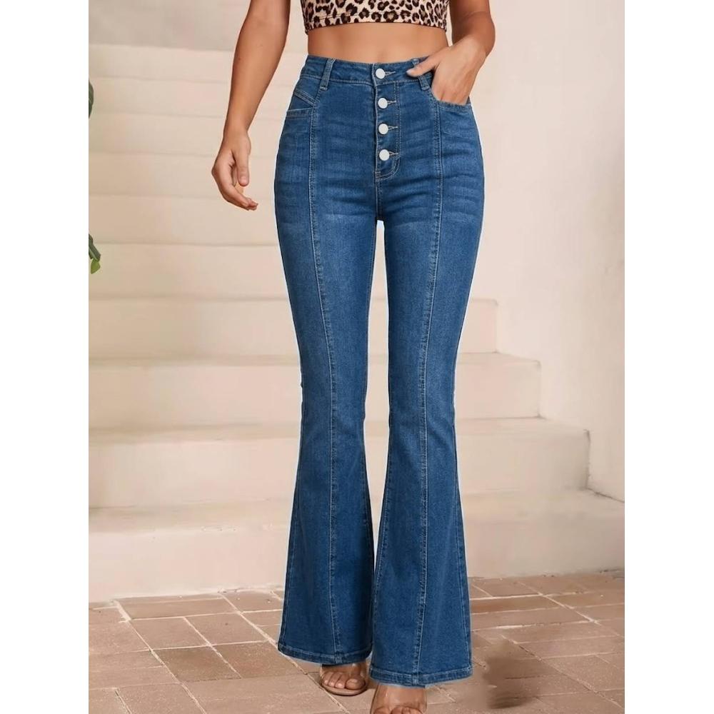 Women's High Waist Button Fly Flare Jeans — Seamed Stretch Bell Bottoms - S-XXL