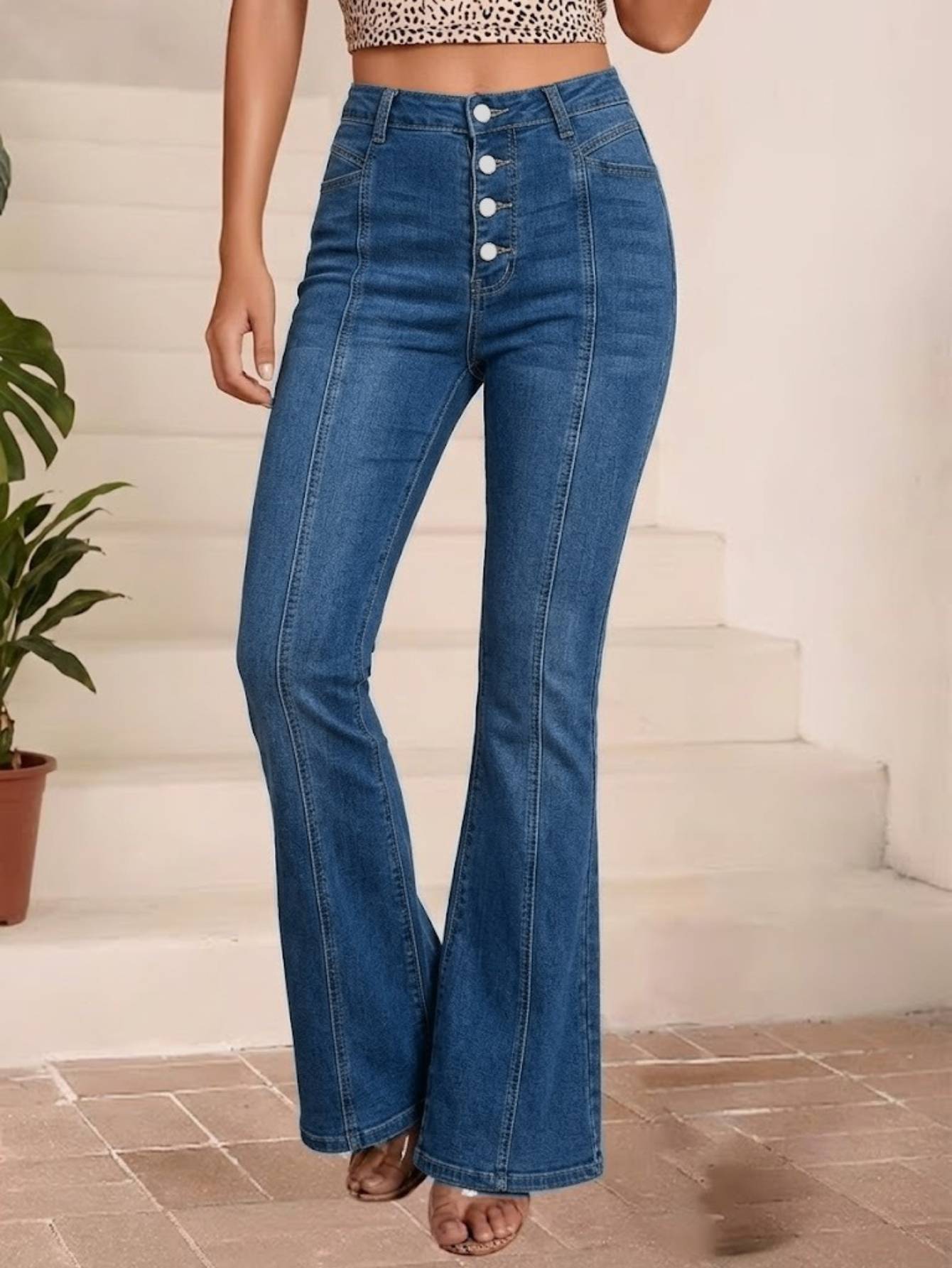 Women's High Waist Button Fly Flare Jeans — Seamed Stretch Bell Bottoms - S-XXL, view 2