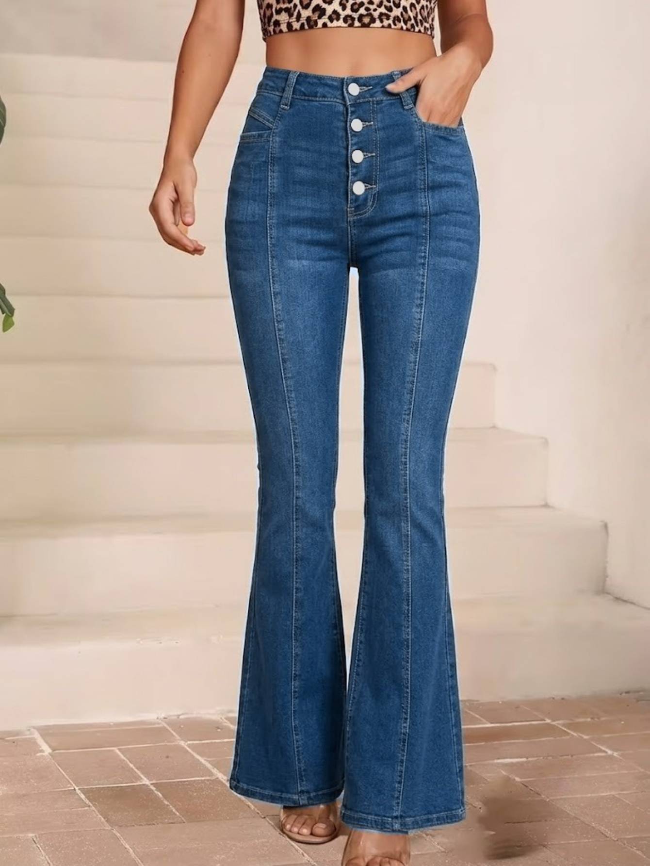 Women's High Waist Button Fly Flare Jeans — Seamed Stretch Bell Bottoms - S-XXL, view 3
