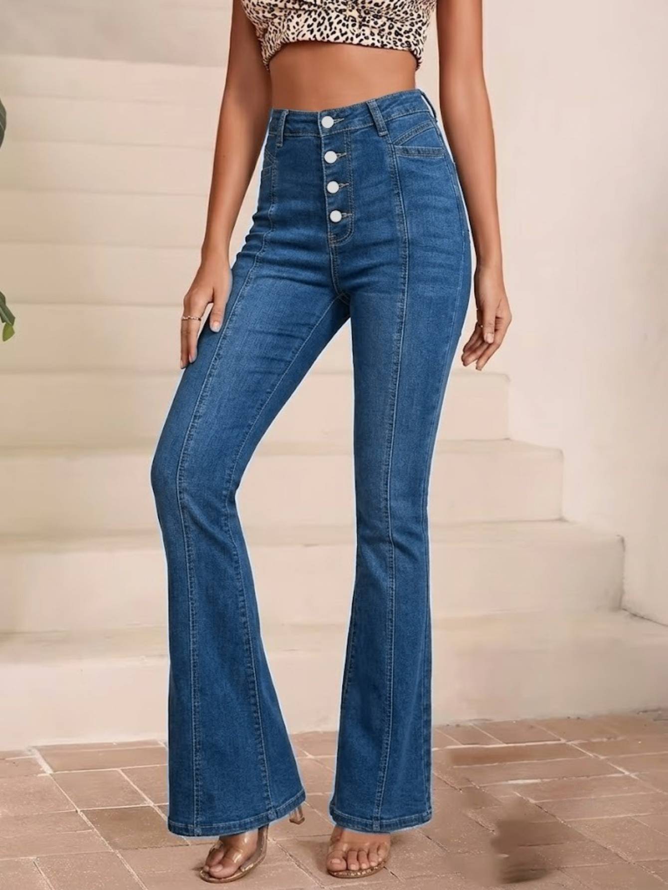 Women's High Waist Button Fly Flare Jeans — Seamed Stretch Bell Bottoms - S-XXL, view 5