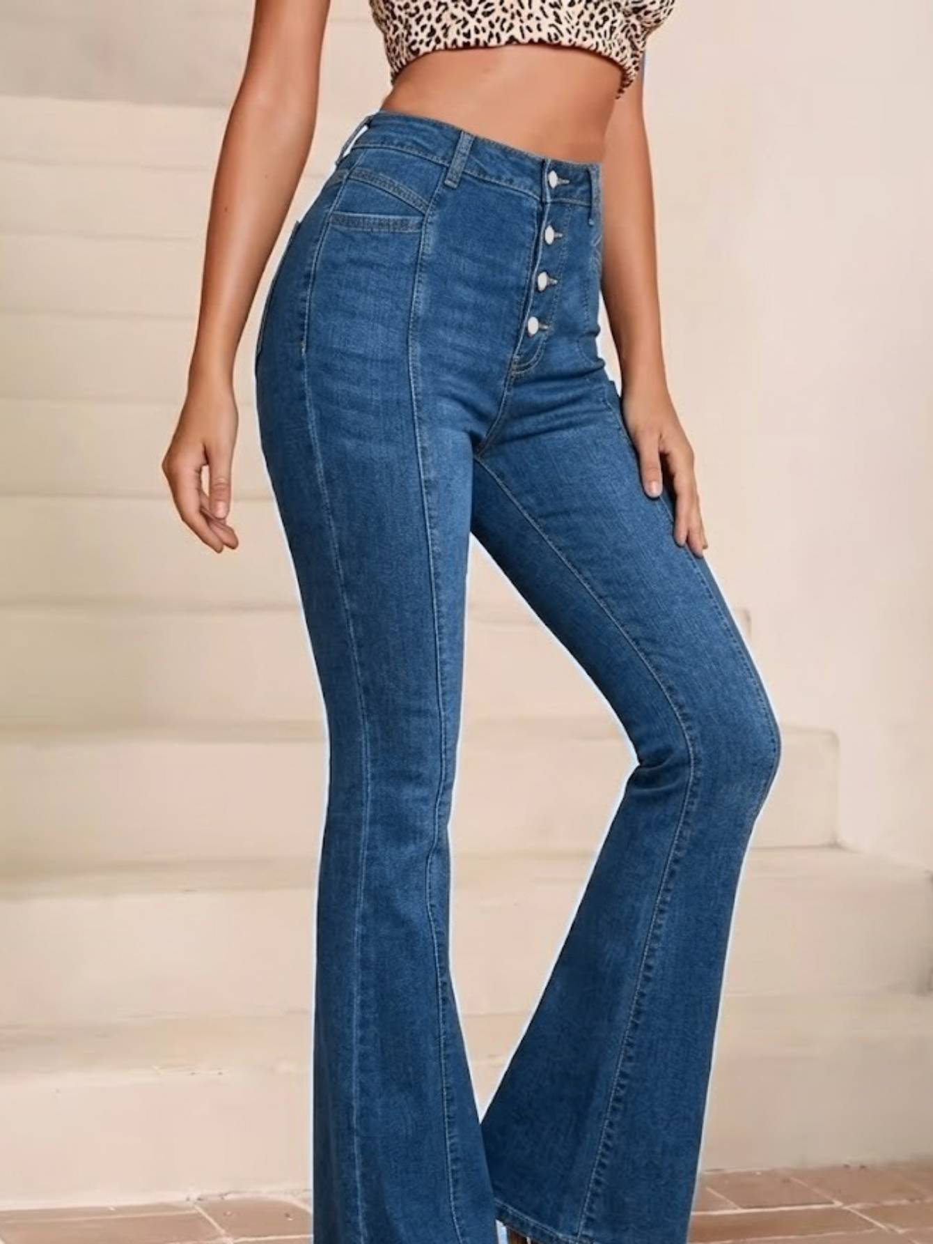 Women's High Waist Button Fly Flare Jeans — Seamed Stretch Bell Bottoms - S-XXL, view 4