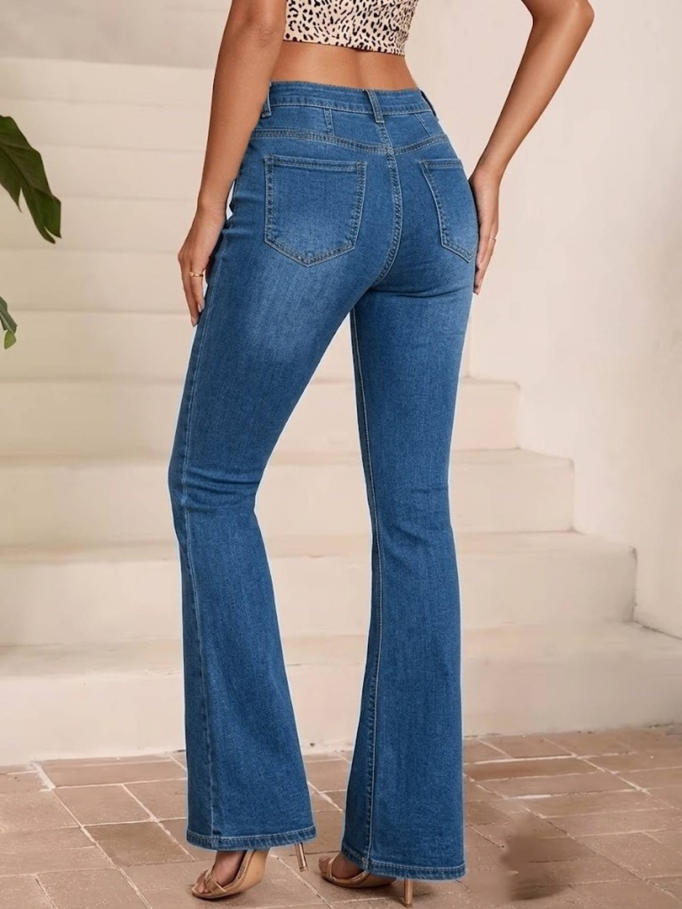 Women's High Waist Button Fly Flare Jeans — Seamed Stretch Bell Bottoms - S-XXL, view 6