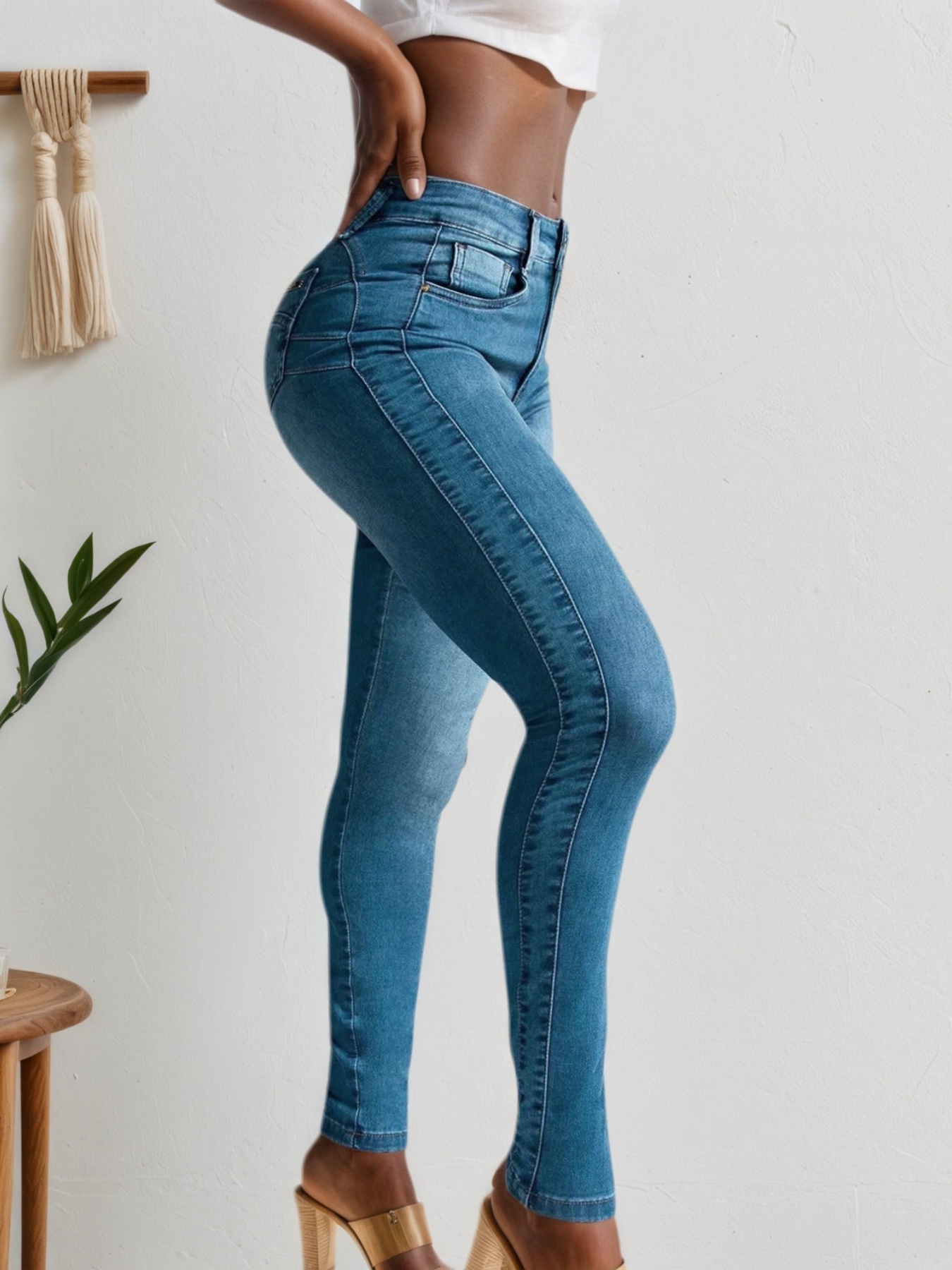Women's Skinny Jeans With Curved Yoke, High Rise Mid-Blue Stretch Denim, view 2