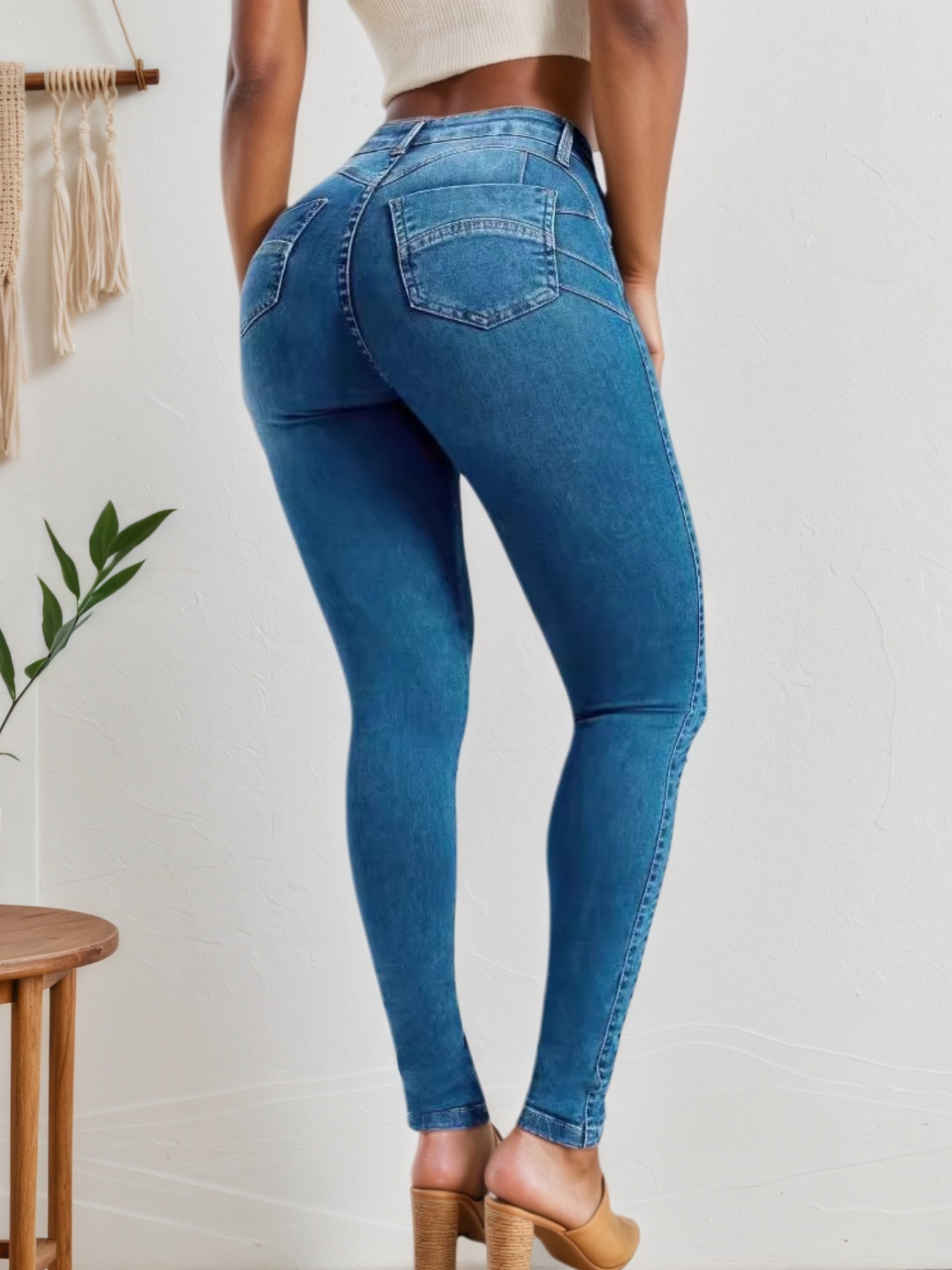 Women's Skinny Jeans With Curved Yoke, High Rise Mid-Blue Stretch Denim, view 5