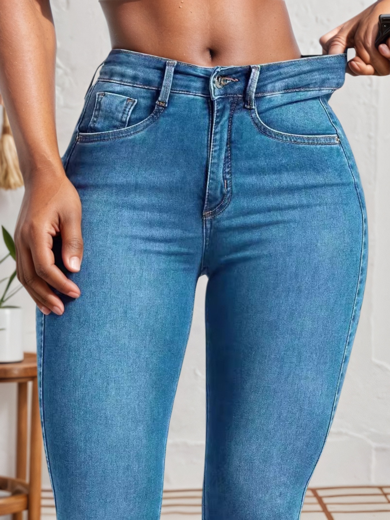 Women's Skinny Jeans With Curved Yoke, High Rise Mid-Blue Stretch Denim