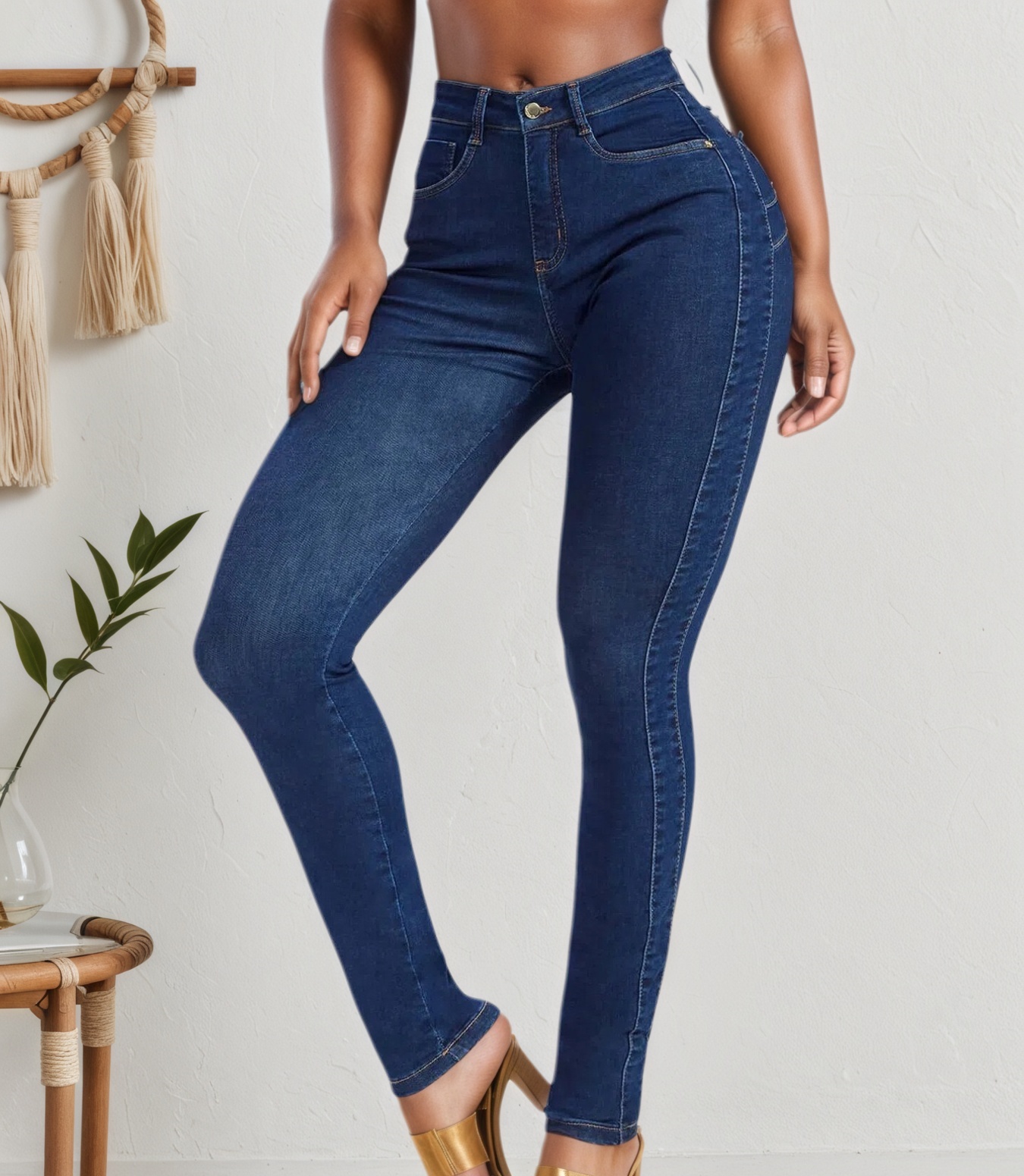 Women's High-Waisted Dark Indigo Skinny Jeans With Contour Shaping Seams