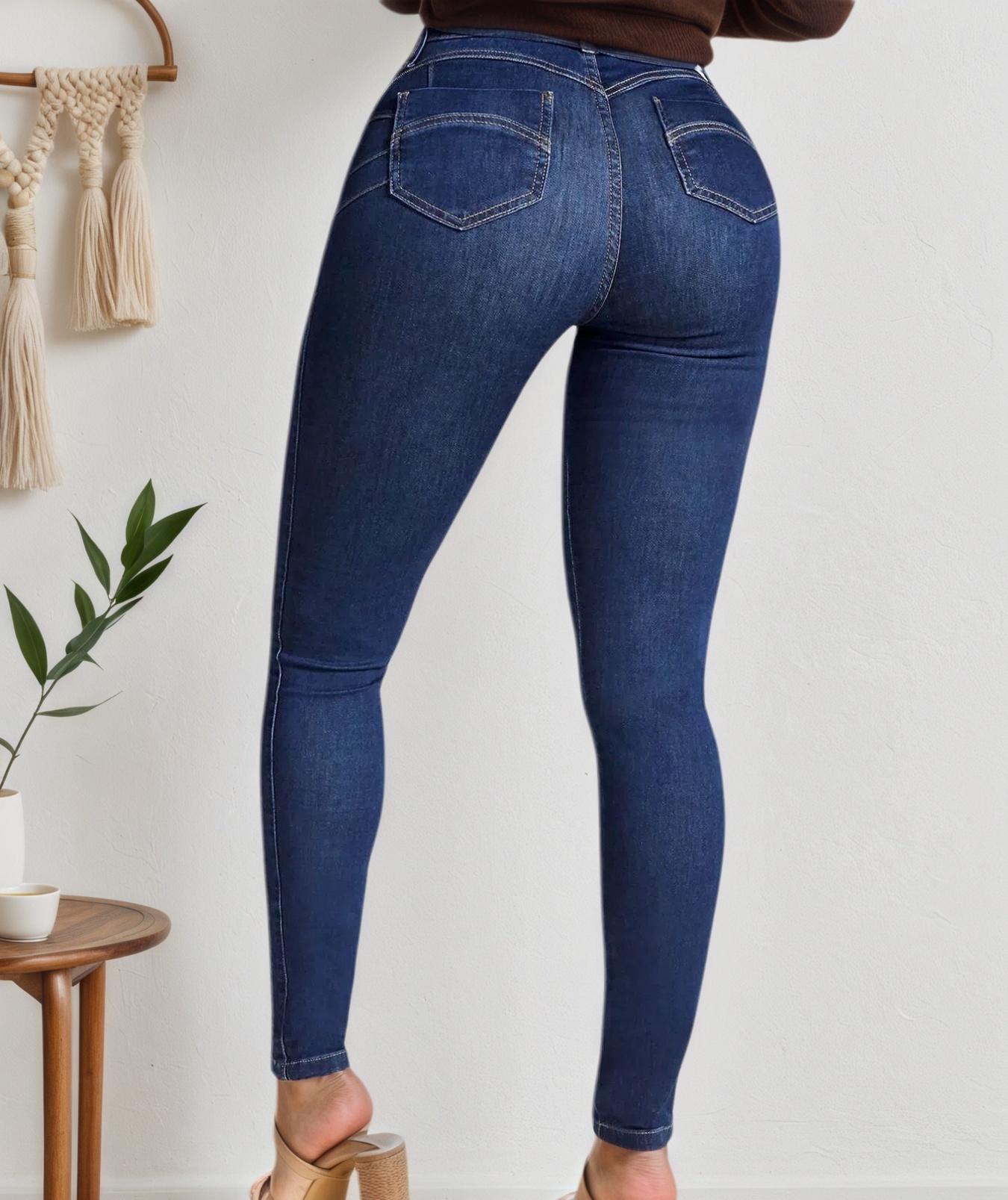 Women's High-Waisted Dark Indigo Skinny Jeans With Contour Shaping Seams, view 2