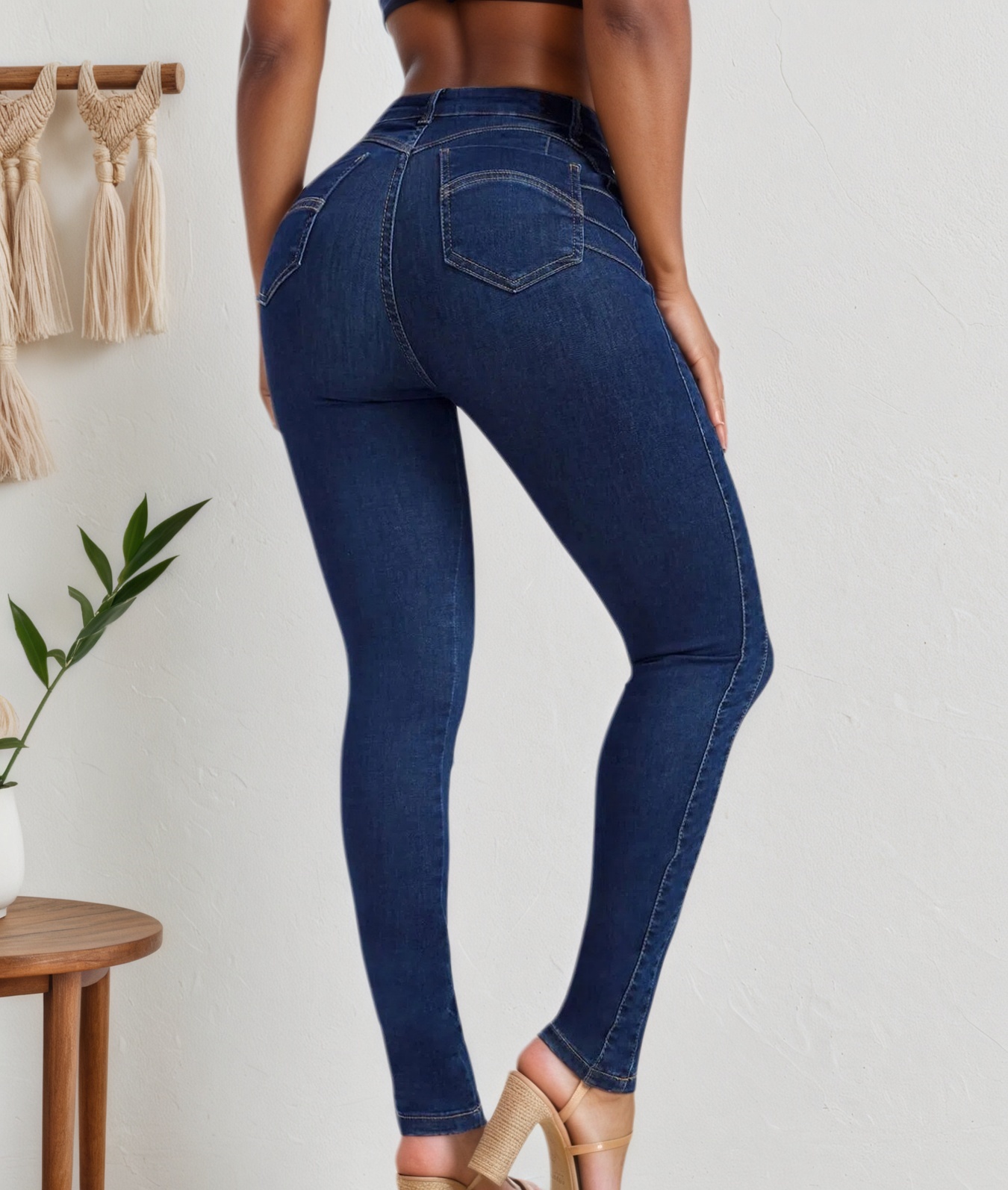 Women's High-Waisted Dark Indigo Skinny Jeans With Contour Shaping Seams, view 3