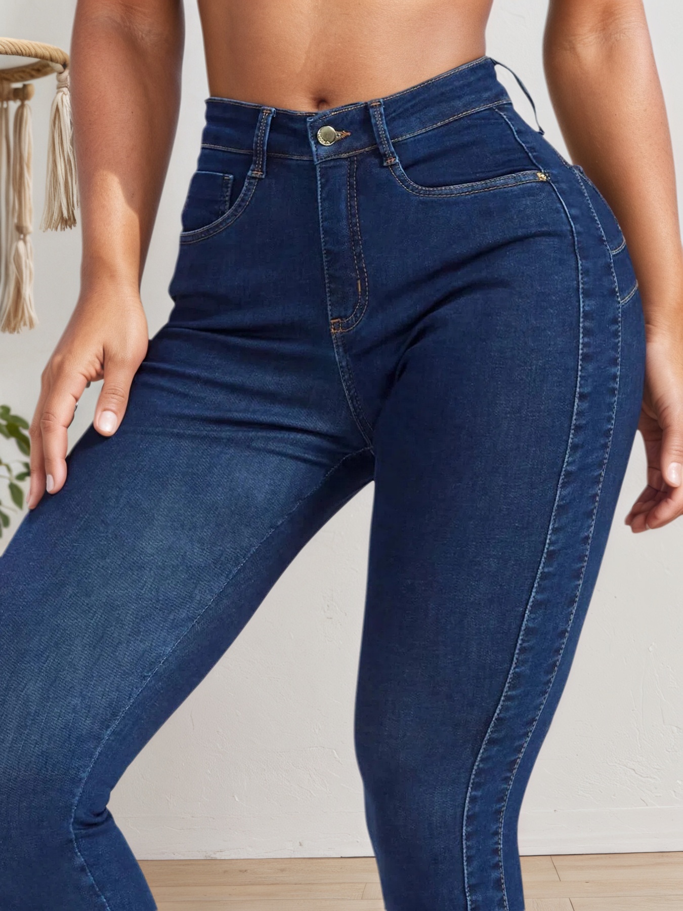 Women's High-Waisted Dark Indigo Skinny Jeans With Contour Shaping Seams, view 5
