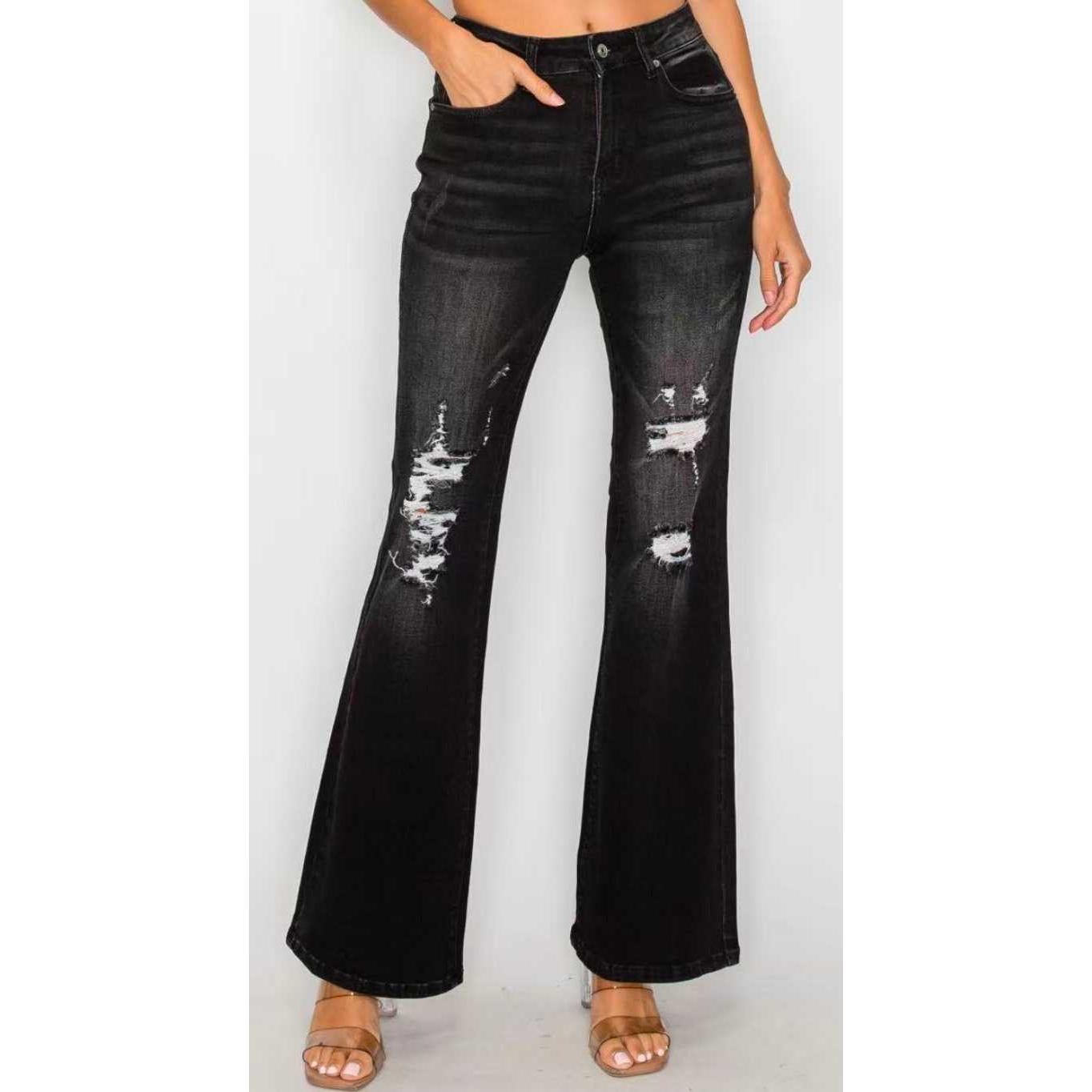 Women's Black Distressed Flare Jeans — Low Rise Stretch Denim - S-XXL, view 7