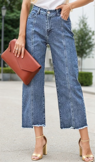 Women's High-Waist Wide-Leg Cropped Jeans — Seam Front, Raw Frayed Hem