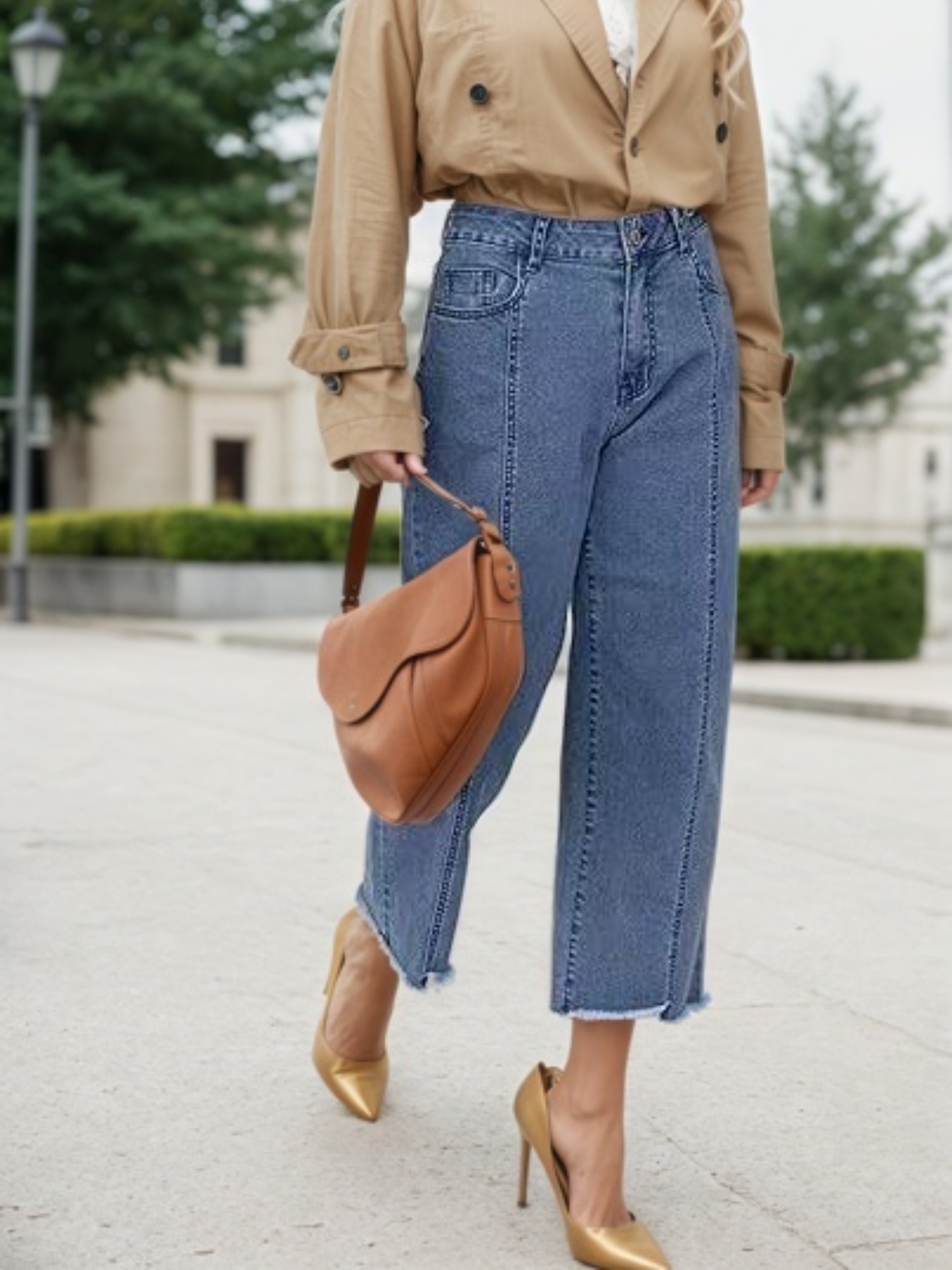 Women's High-Waist Wide-Leg Cropped Jeans — Seam Front, Raw Frayed Hem, view 2