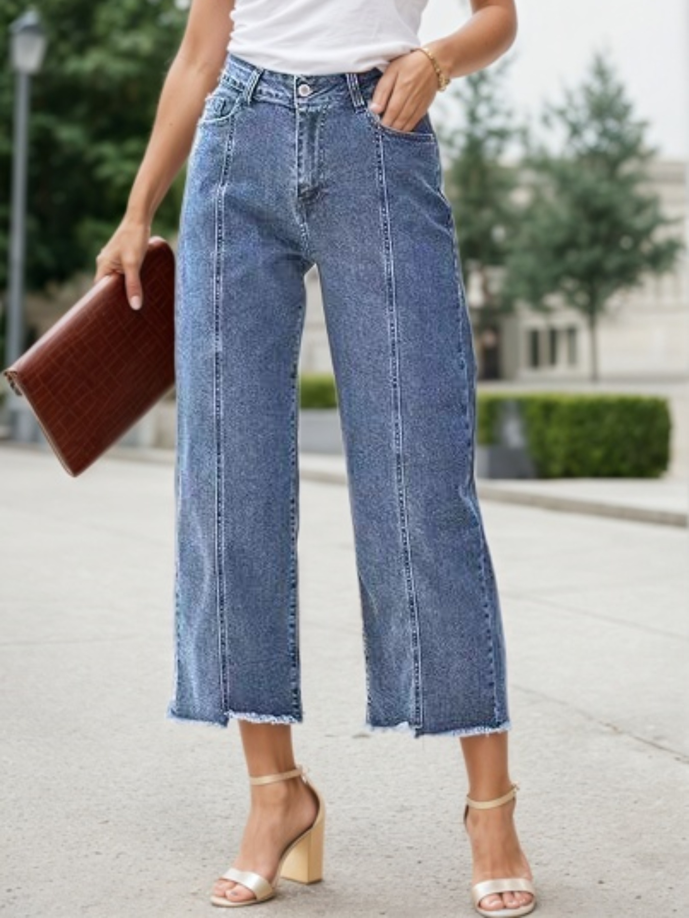 Women's High-Waist Wide-Leg Cropped Jeans — Seam Front, Raw Frayed Hem, view 3