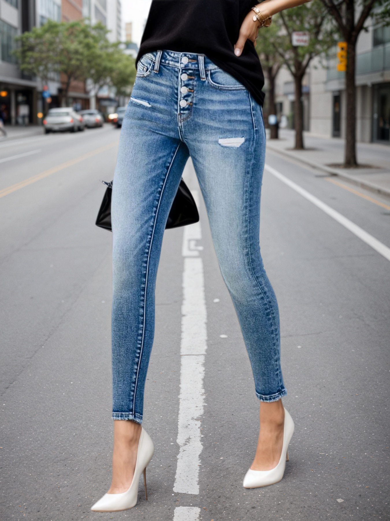Women's High Waisted Button Fly Skinny Jeans in Faded Blue Stretch Denim - S-XXL