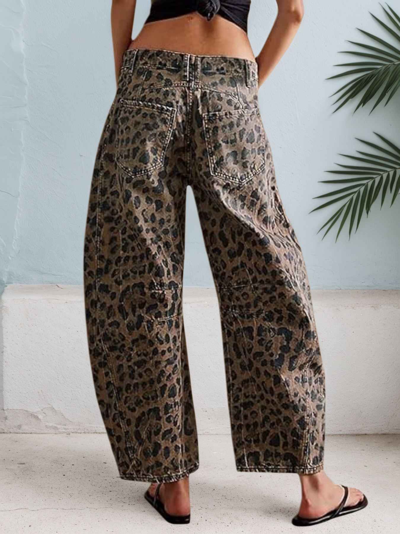 Women's Leopard Print Barrel Leg Jeans — Mid Rise Washed Denim, Zip Fly - S-XXL, view 2
