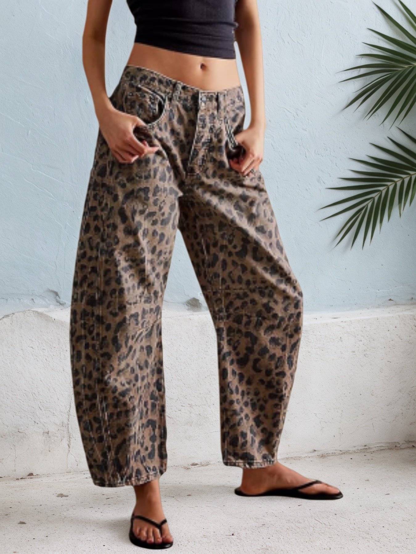 Women's Leopard Print Barrel Leg Jeans — Mid Rise Washed Denim, Zip Fly - S-XXL