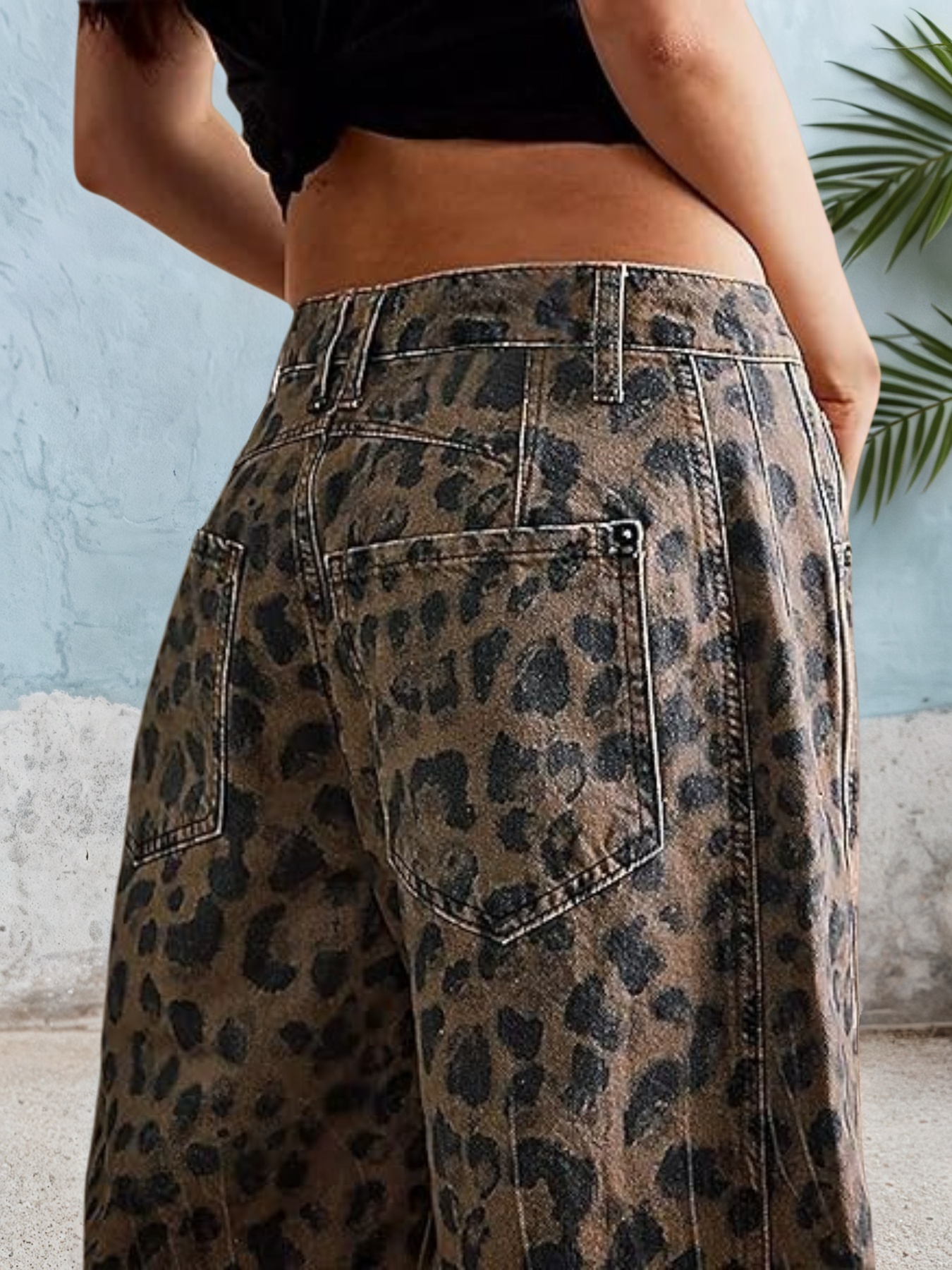 Women's Leopard Print Barrel Leg Jeans — Mid Rise Washed Denim, Zip Fly - S-XXL, view 3