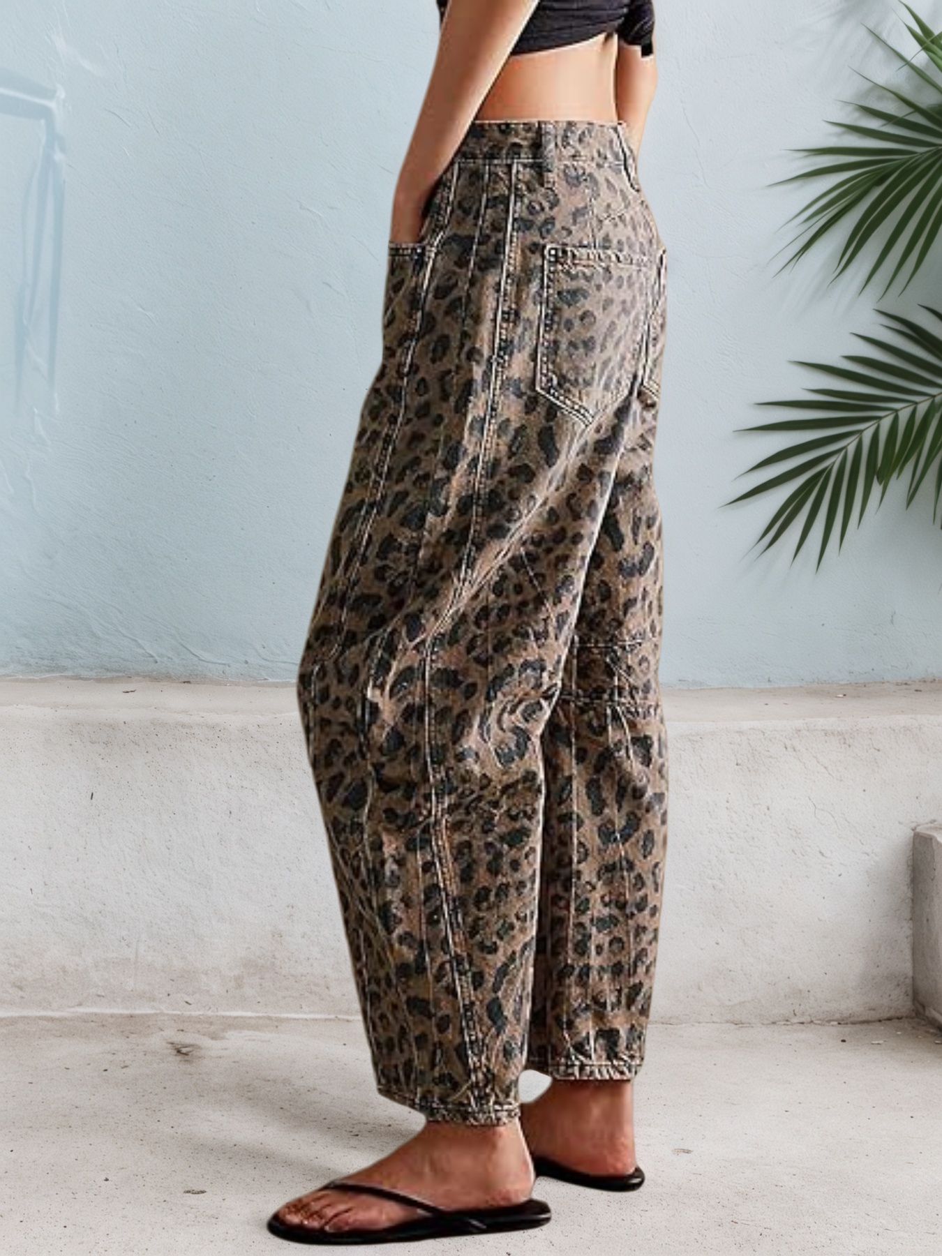 Women's Leopard Print Barrel Leg Jeans — Mid Rise Washed Denim, Zip Fly - S-XXL, view 4